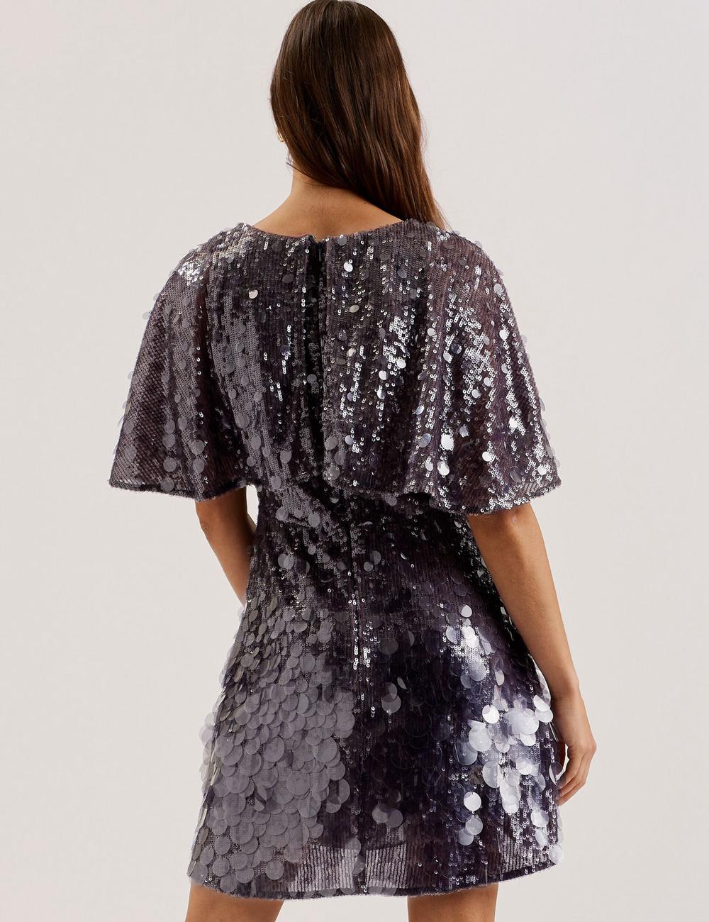 Women Ted Baker ELISONA - Sequin V-Neck Cape Sleeve Mini Dresses Dk-Grey | India  IFHL-57061