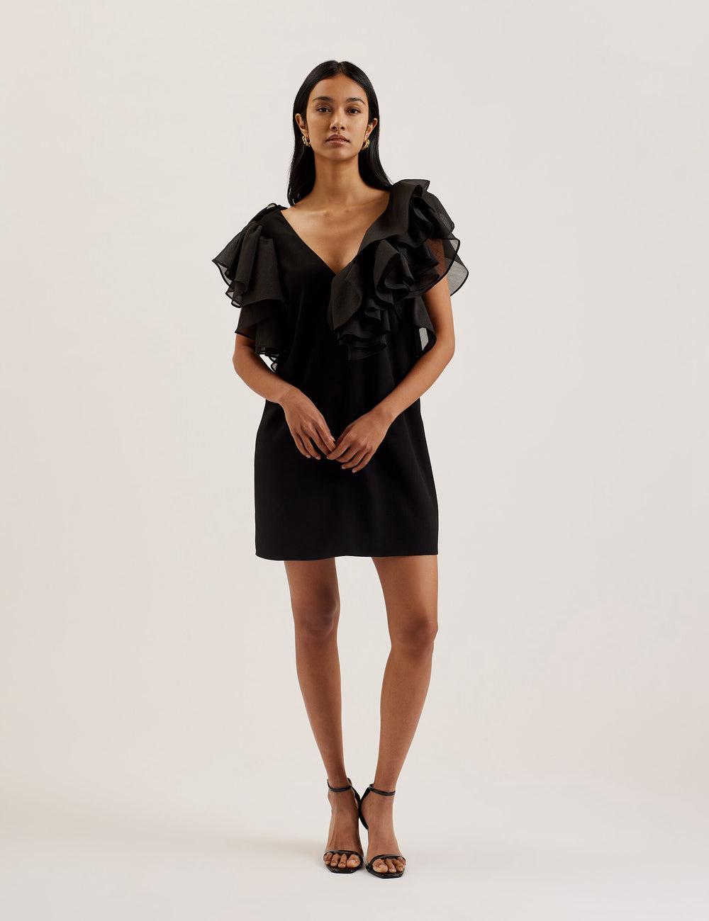 Women Ted Baker ELQUI - Oversized Ruffle Trim V-Neck Mini Dresses Black | India  IWTC-95426