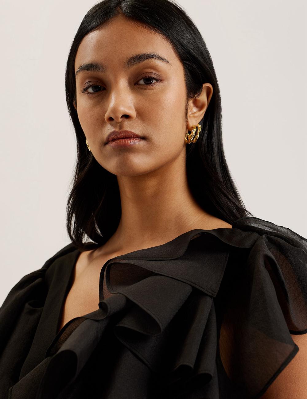 Women Ted Baker ELQUI - Oversized Ruffle Trim V-Neck Mini Dresses Black | India  IWTC-95426