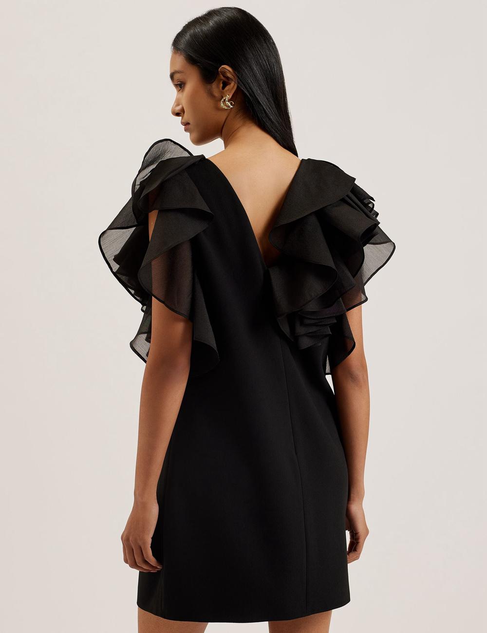 Women Ted Baker ELQUI - Oversized Ruffle Trim V-Neck Mini Dresses Black | India  IWTC-95426