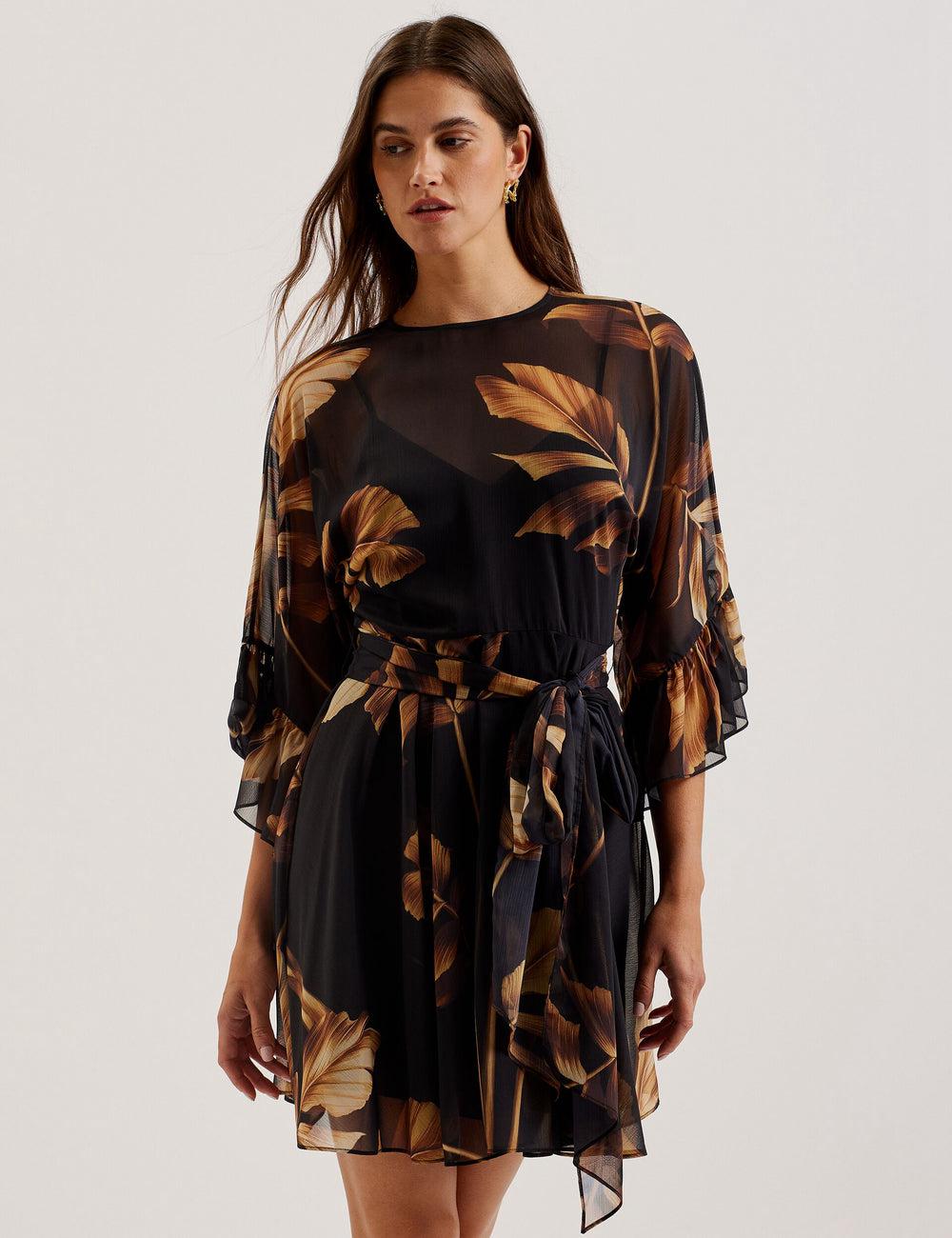 Women Ted Baker ELSTER - Printed Chiffon With Waist Mini Dresses Black | India  QFHN-28679