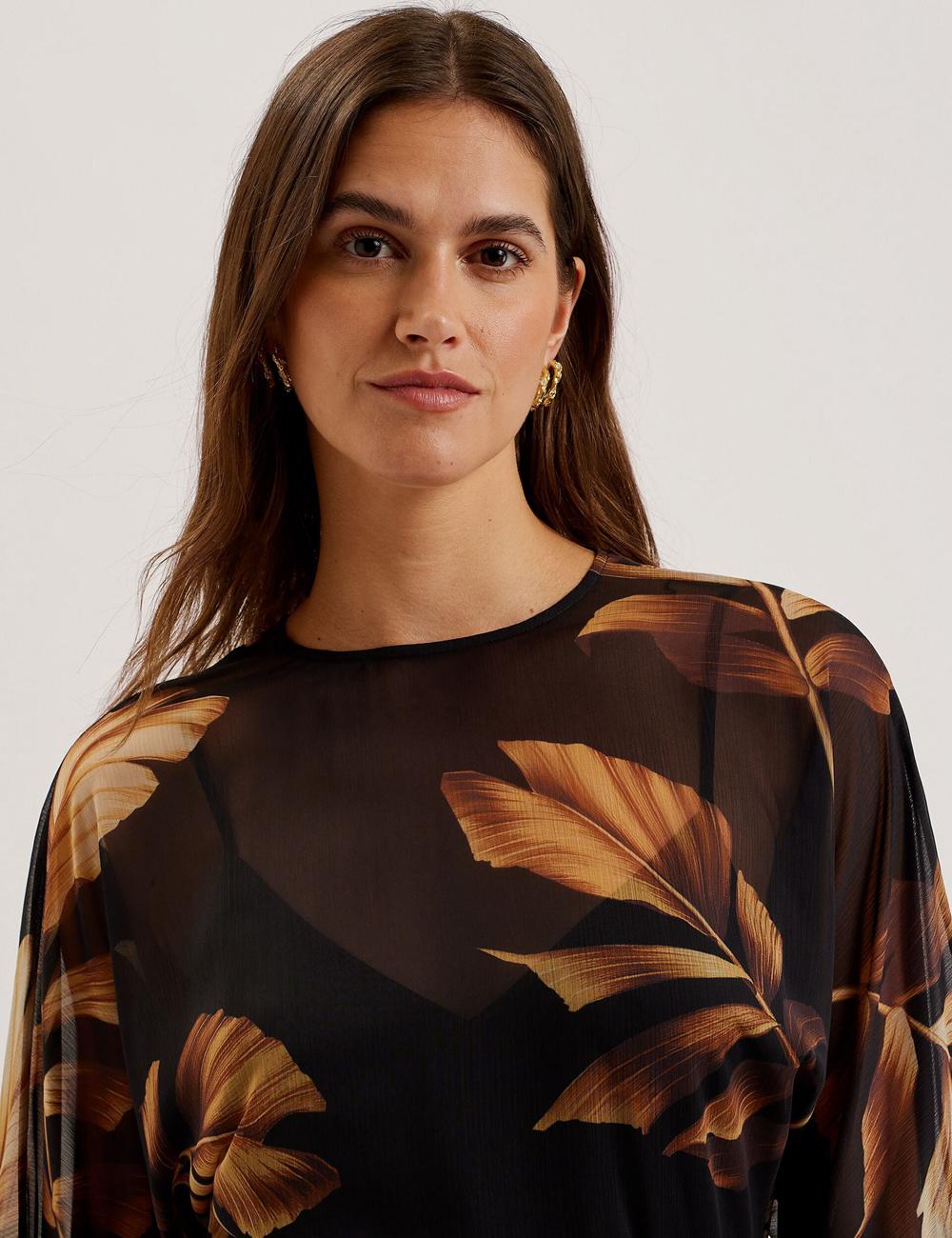 Women Ted Baker ELSTER - Printed Chiffon With Waist Mini Dresses Black | India  QFHN-28679