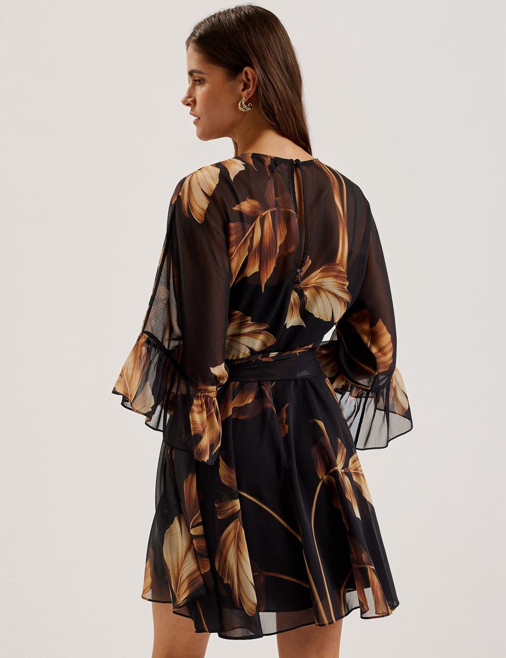 Women Ted Baker ELSTER - Printed Chiffon With Waist Mini Dresses Black | India  QFHN-28679