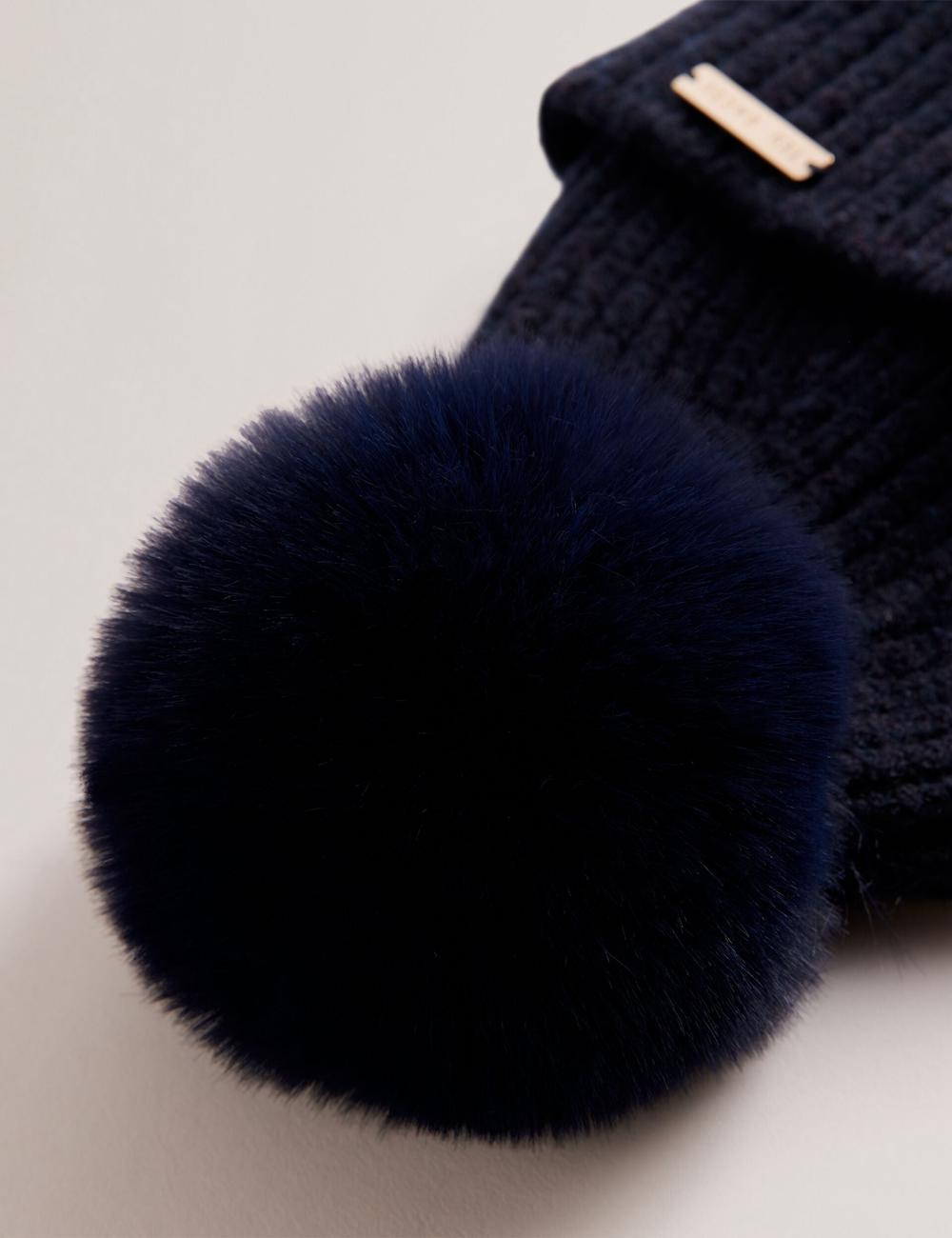 Women Ted Baker EMILYYA - Ribbed Knit Fluffy Bobble Hats Navy | India  JZUK-85910
