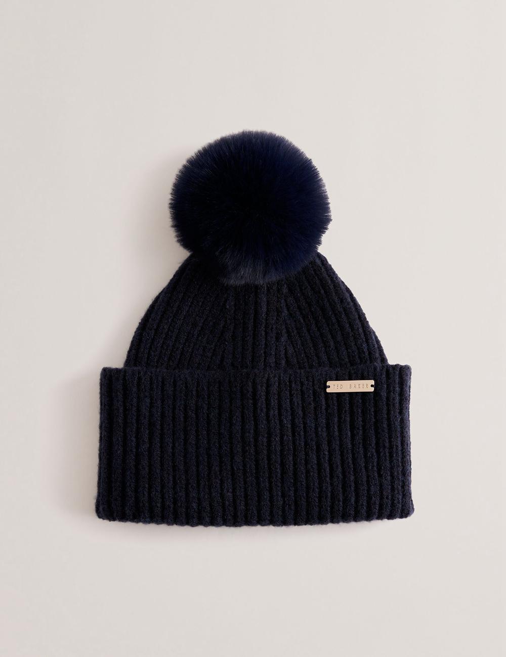 Women Ted Baker EMILYYA - Ribbed Knit Fluffy Bobble Hats Navy | India  JZUK-85910