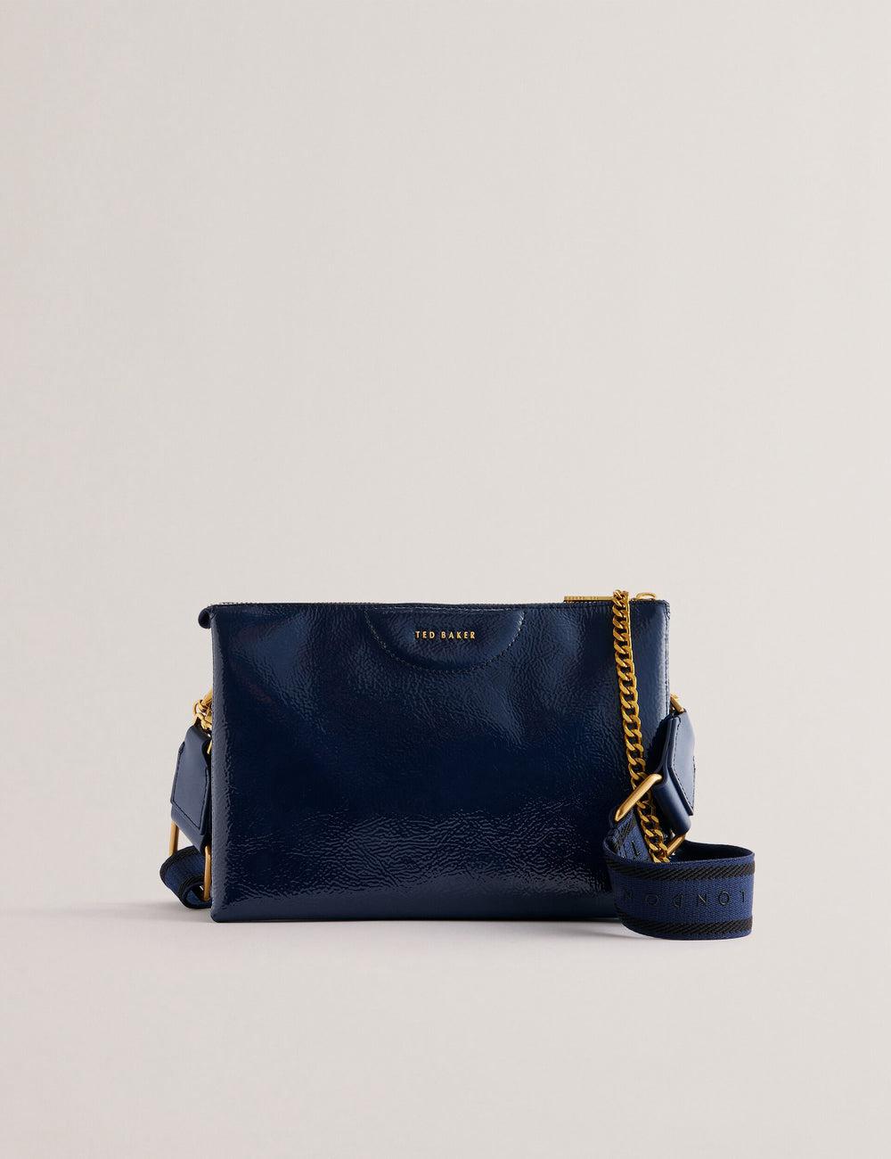 Women Ted Baker ESILLE - Branded Webbing Patent Leather Crossbody Bags Dk-Blue | India  RSXQ-63490