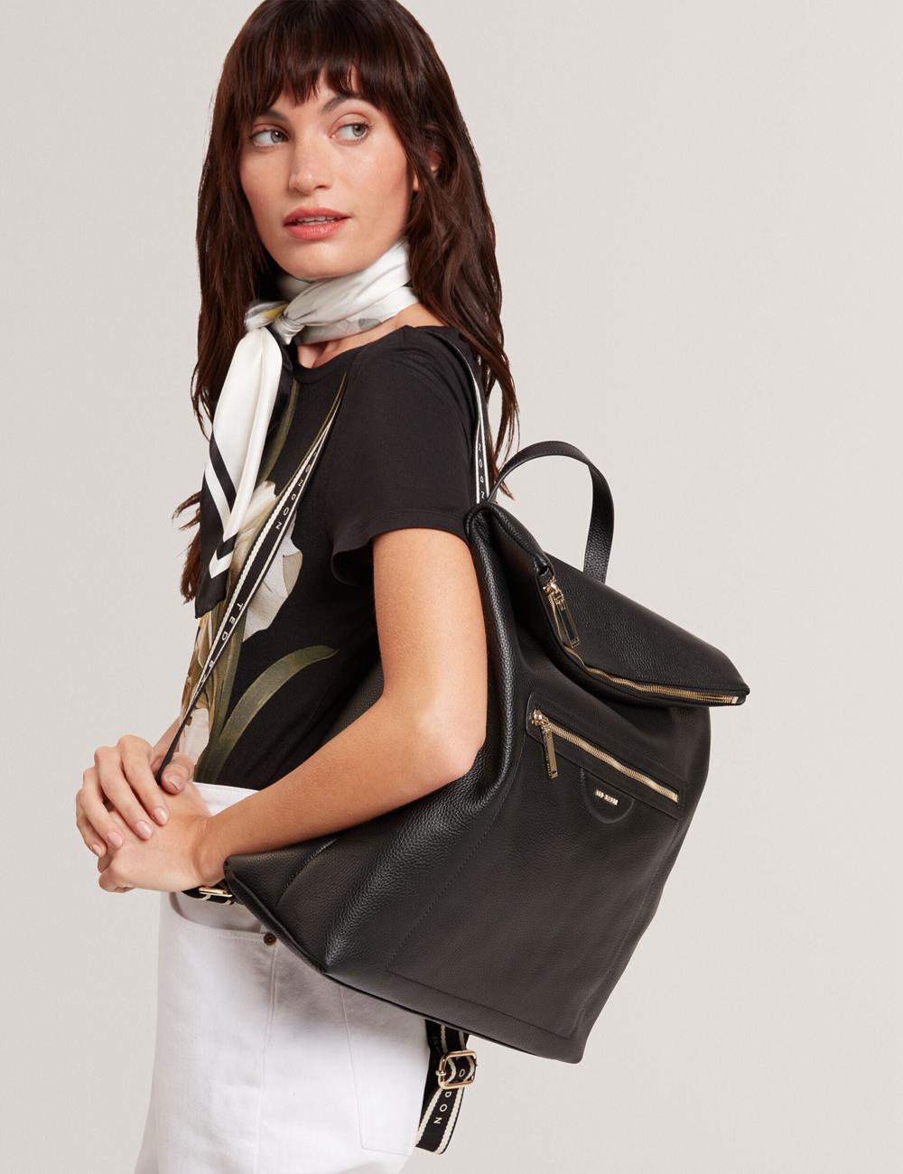 Women Ted Baker ESSAYA - Leather Webbing Strap Fold Over Backpacks Black | India  ALTI-37215