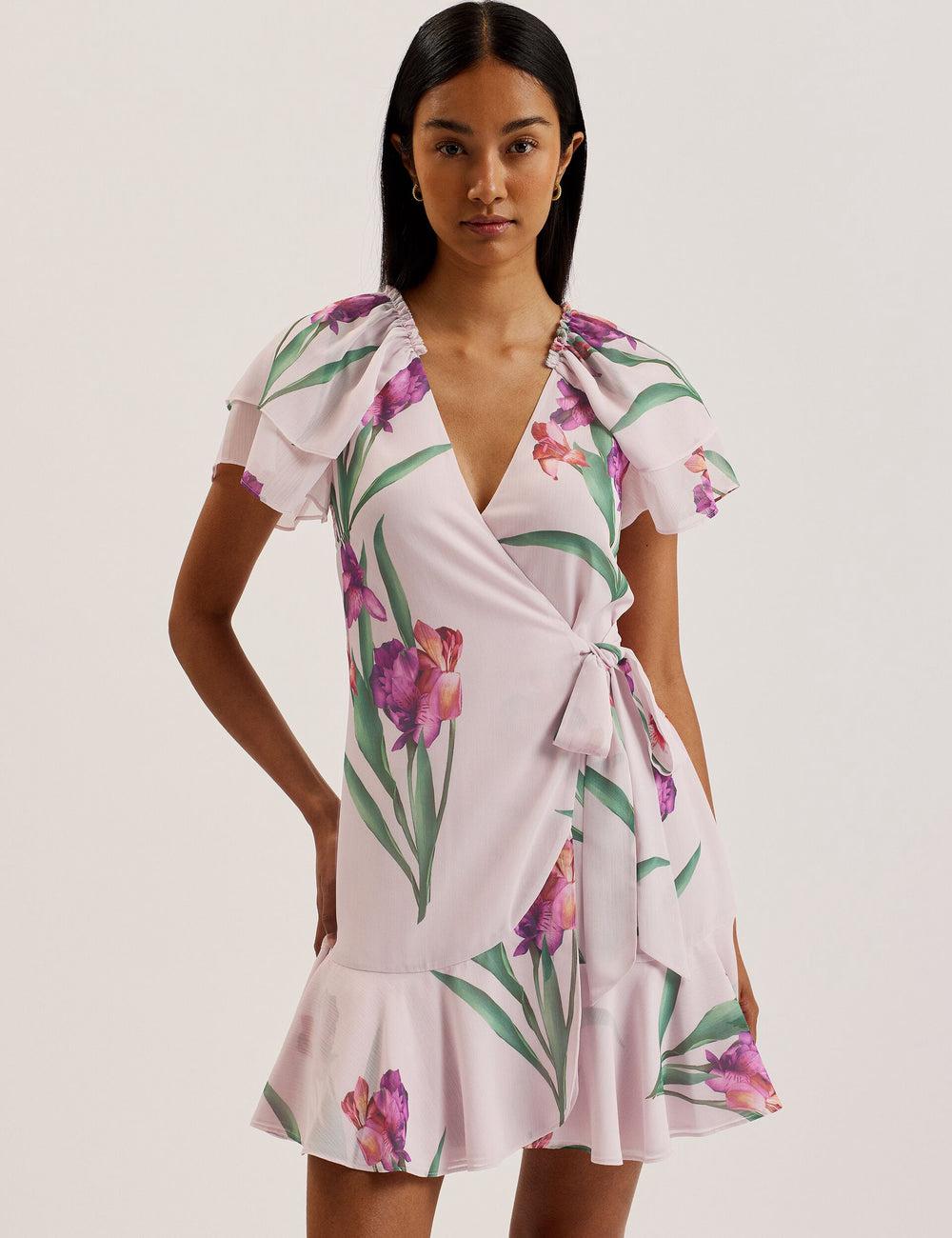 Women Ted Baker FASNIA - Floral Angel Sleeve Wrap Mini Dresses Pink | India  XKWA-75063
