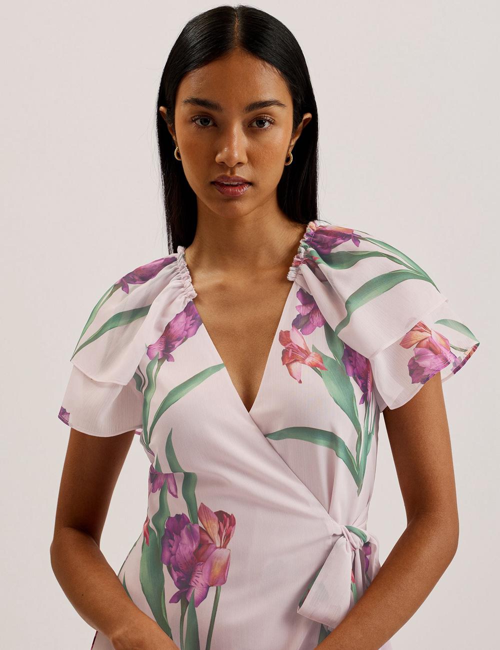 Women Ted Baker FASNIA - Floral Angel Sleeve Wrap Mini Dresses Pink | India  XKWA-75063