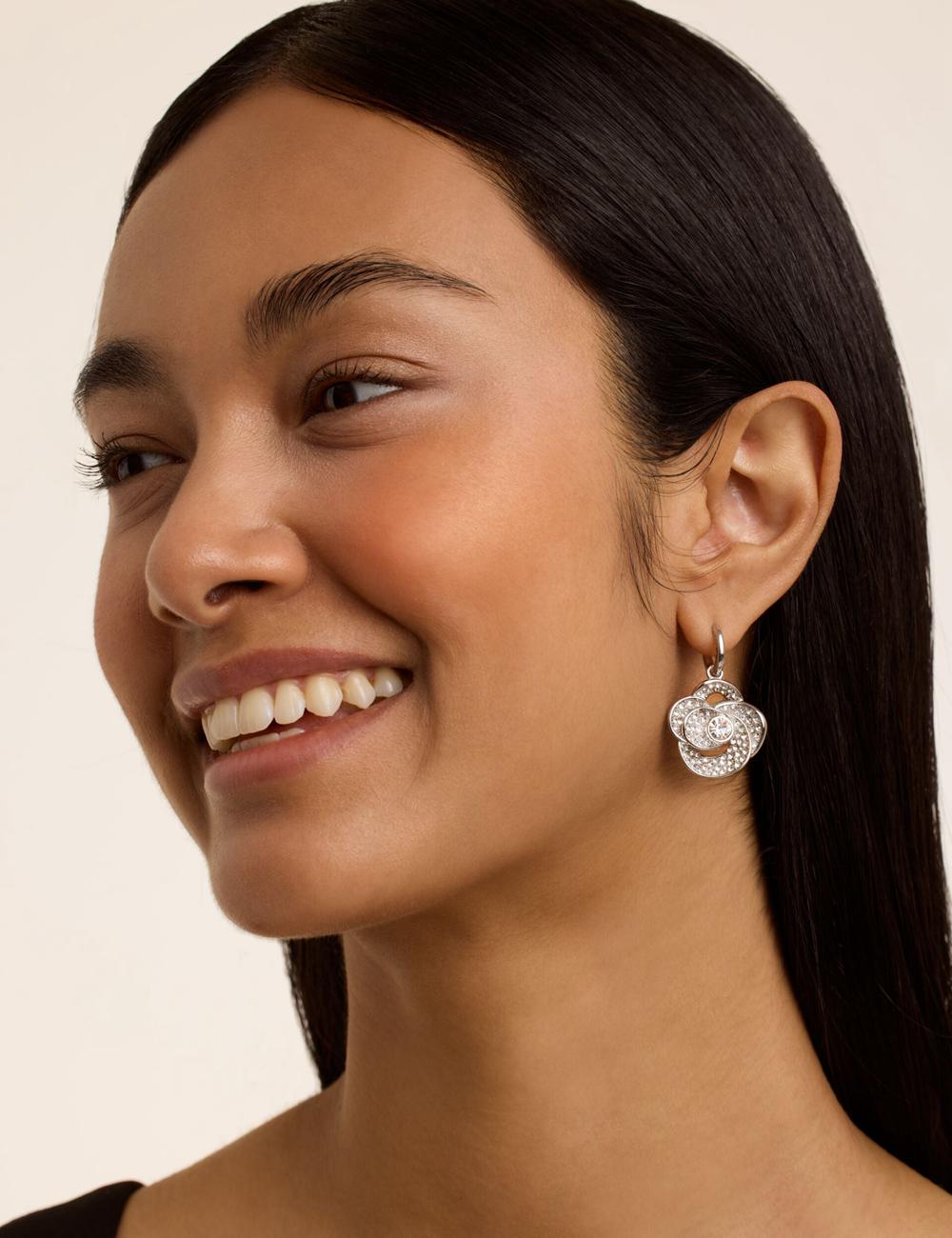 Women Ted Baker FLORENCE - Crystal Flower Pendant Huggie Earrings Silver | India  CKRW-64350
