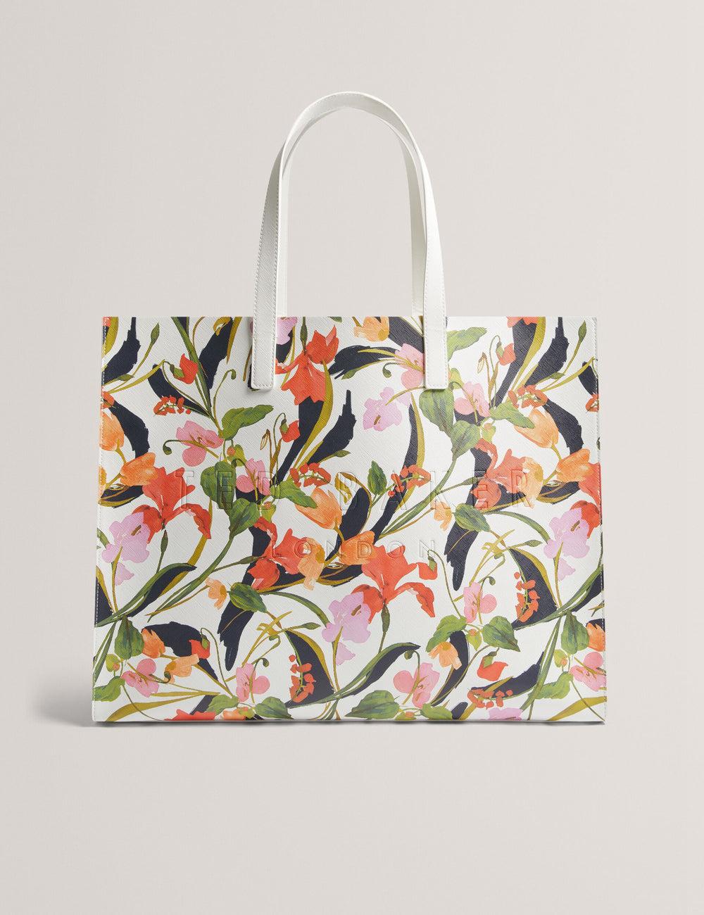 Women Ted Baker FLORISH - Floral Print PU Leather Wide Tote Bags Cream | India  CZKA-94681