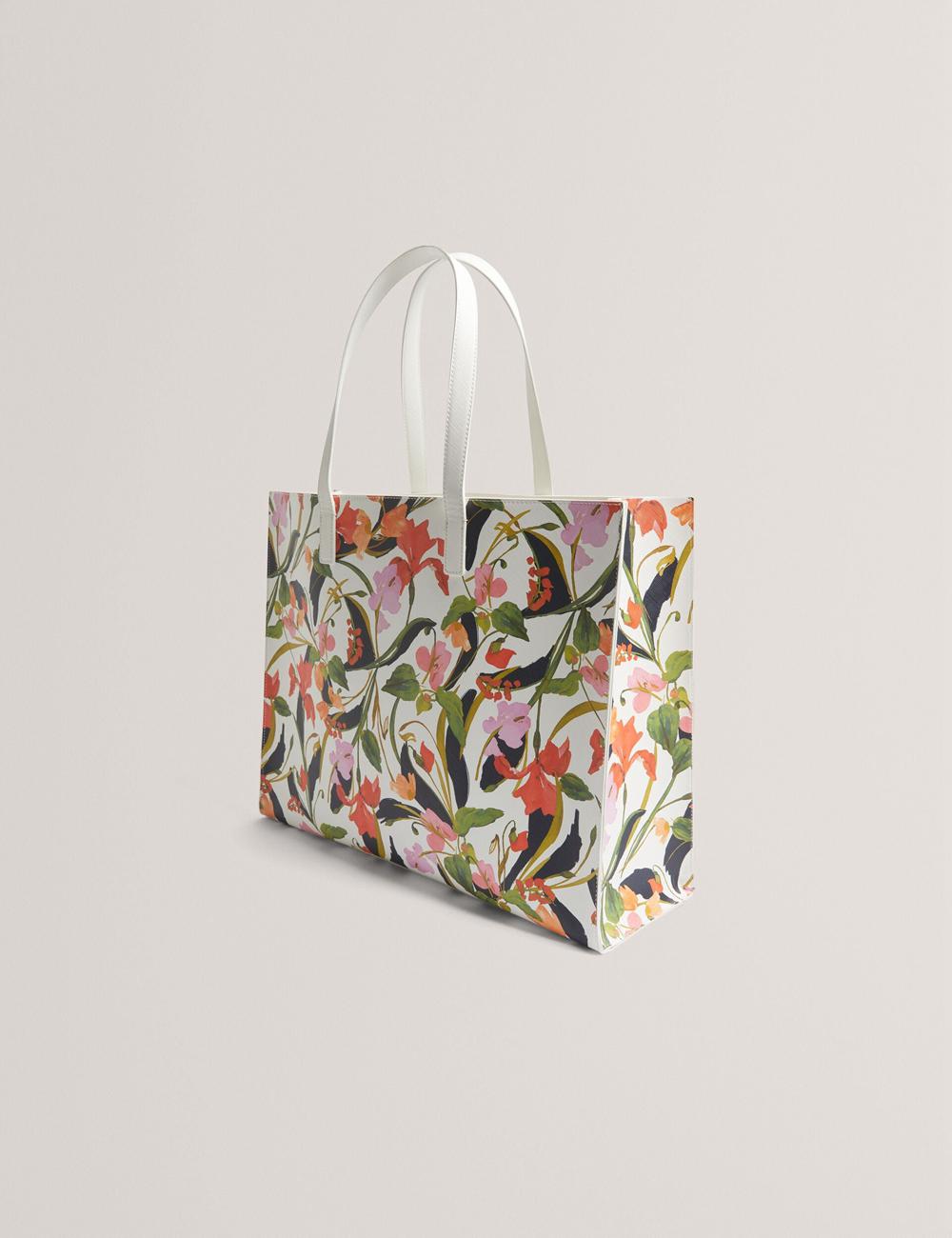 Women Ted Baker FLORISH - Floral Print PU Leather Wide Tote Bags Cream | India  CZKA-94681