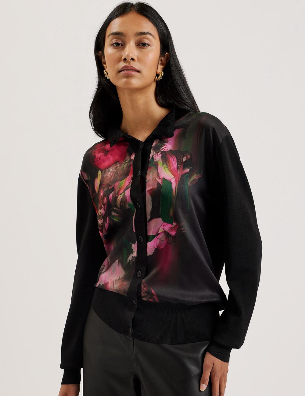 Women Ted Baker GEMHAA - Printed Panel Long Sleeve Cardigans Black | India  HRJC-07891