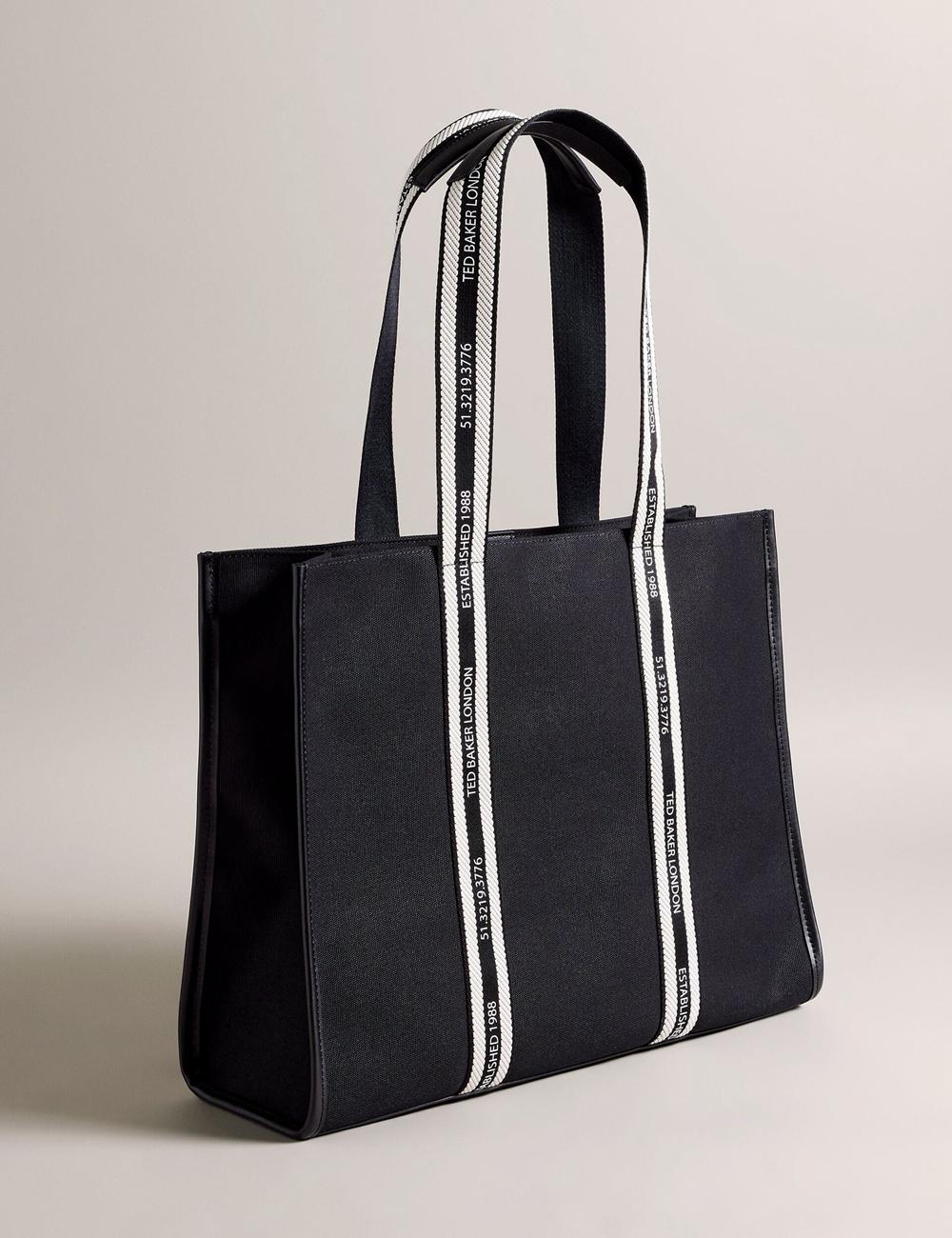 Women Ted Baker GEORJEY - Branded Webbing Canvas Large Tote Bags Black | India  QSDU-72540