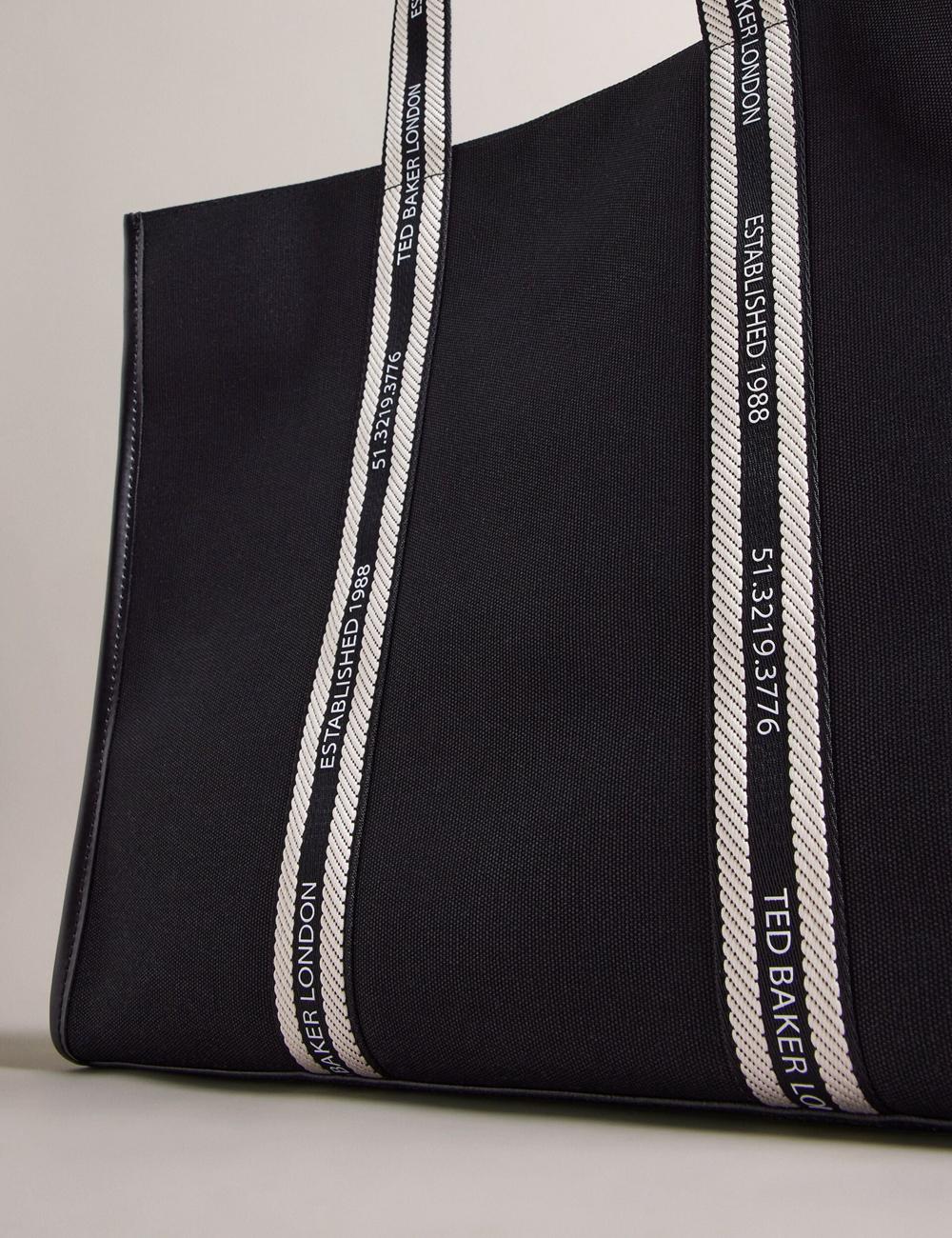 Women Ted Baker GEORJEY - Branded Webbing Canvas Large Tote Bags Black | India  QSDU-72540