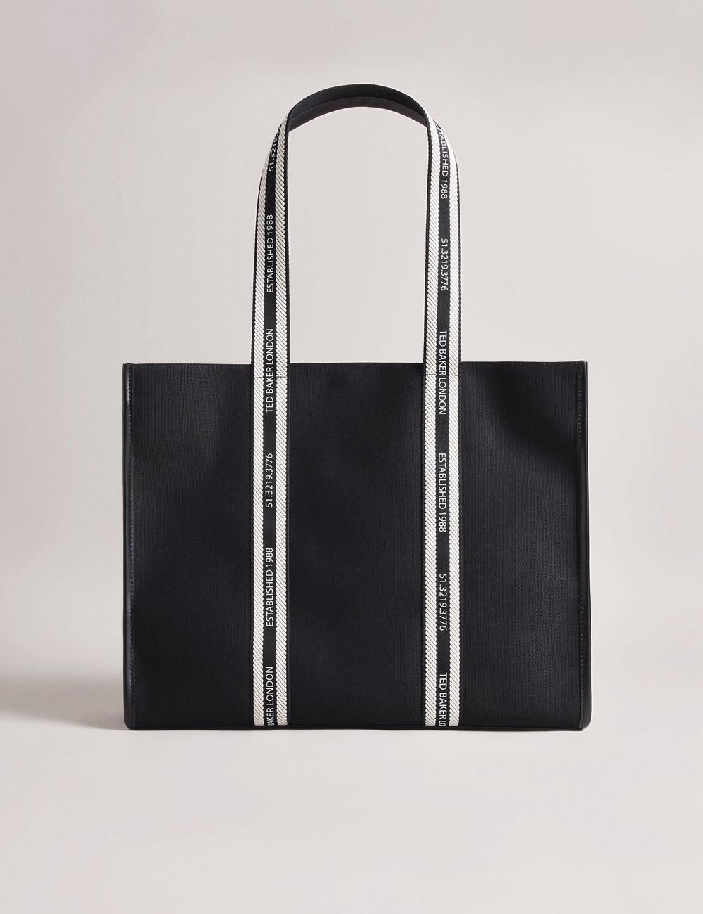 Women Ted Baker GEORJEY - Branded Webbing Canvas Large Tote Bags Black | India  QSDU-72540