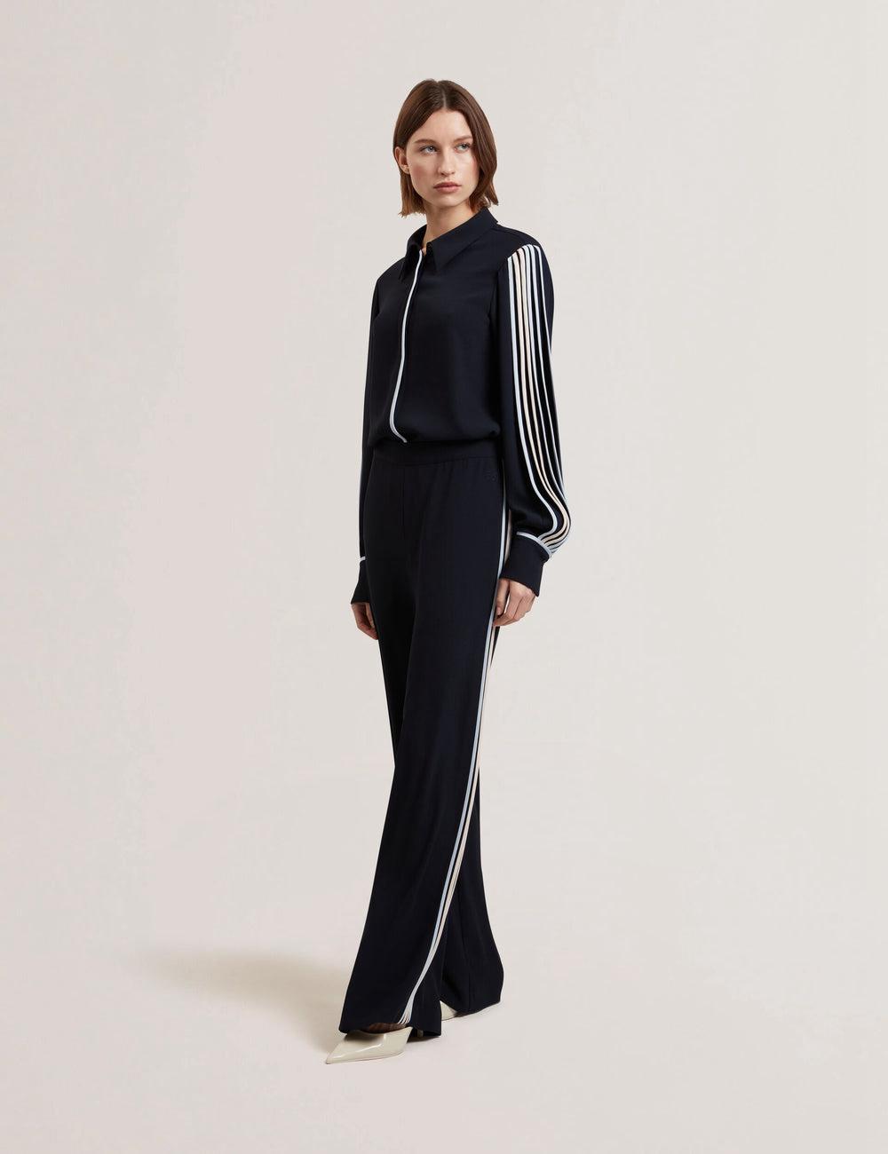 Women Ted Baker GORJJA - Piping Detail Wide Leg Crepe Trousers Navy | India  KEGM-91520