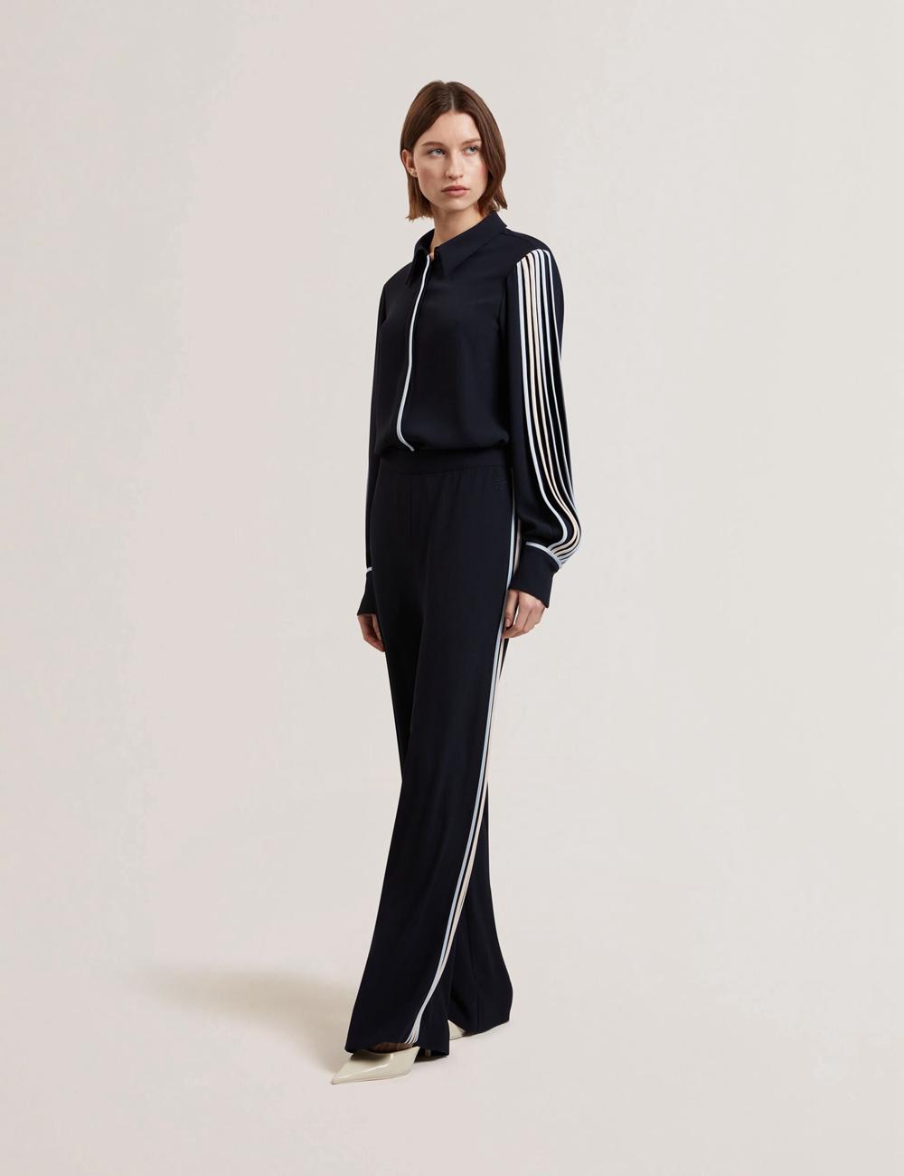 Women Ted Baker GORJJA - Piping Detail Wide Leg Crepe Trousers Navy | India  KEGM-91520