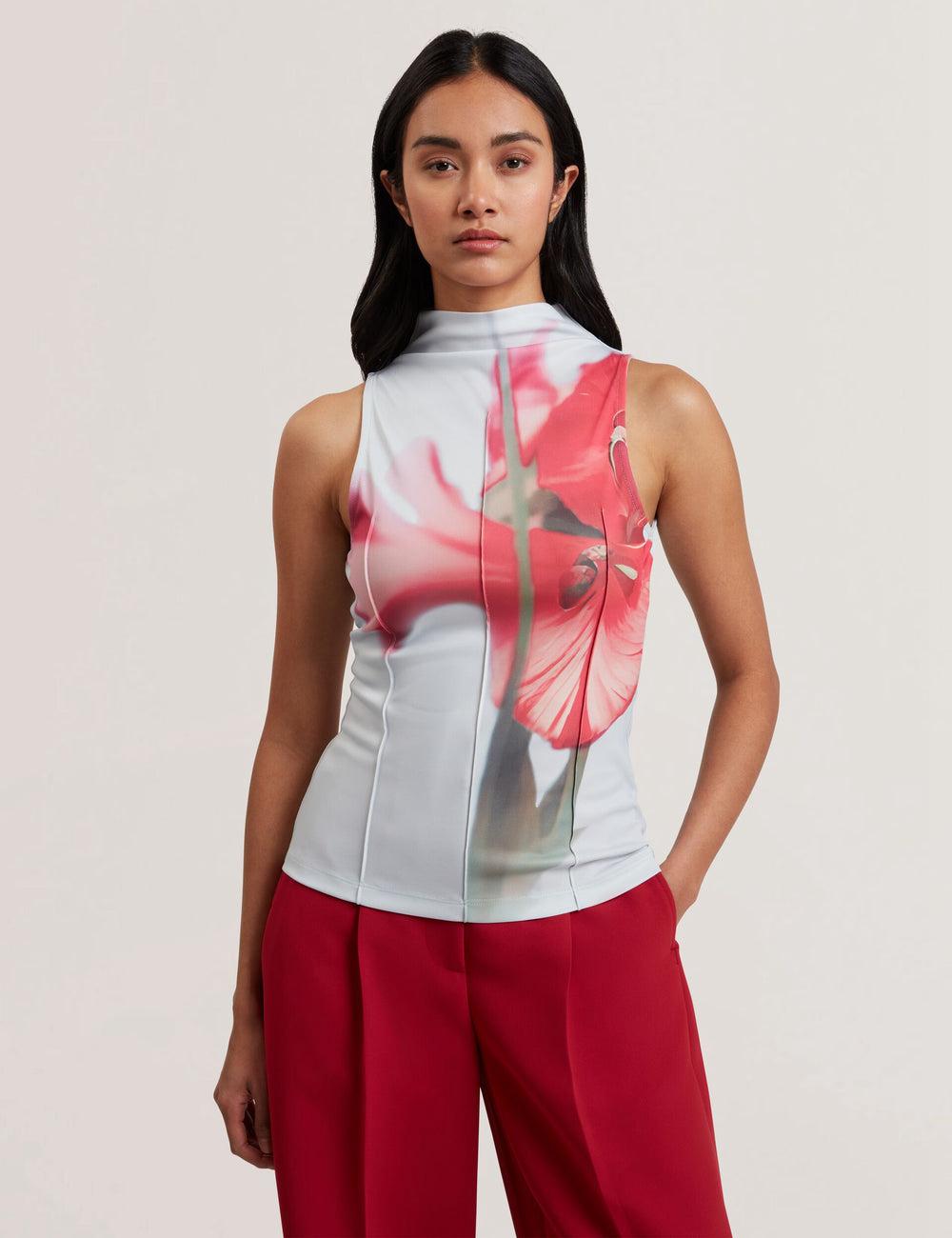 Women Ted Baker HARPLNN - Floral High Neck Jersey Tank Tops Blue | India  FKZO-07942