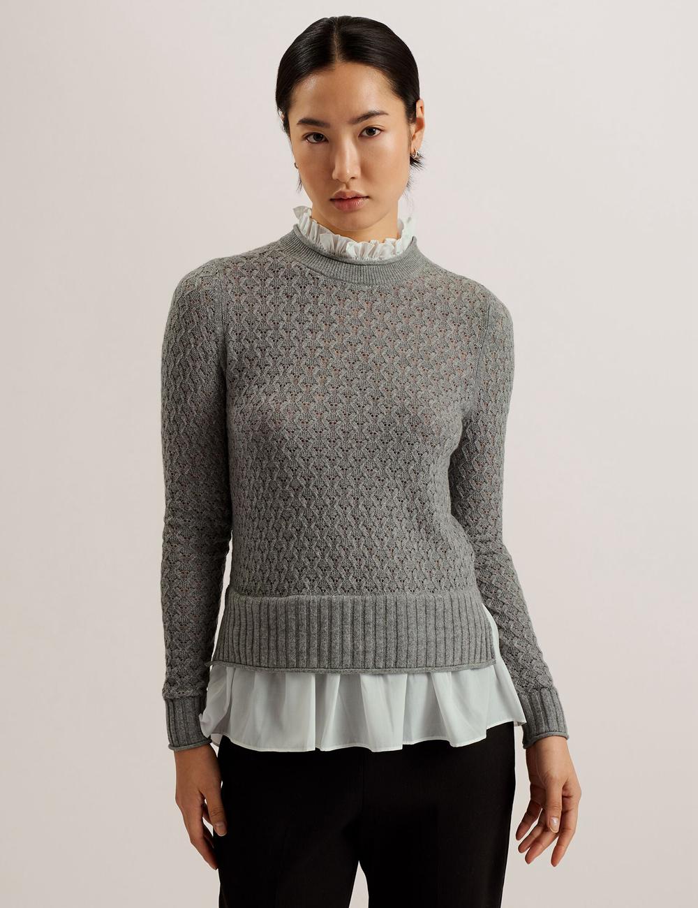 Women Ted Baker HOLINAS - Pointelle Knit With Shirt Hem Jumpers Grey | India  KCEQ-82490