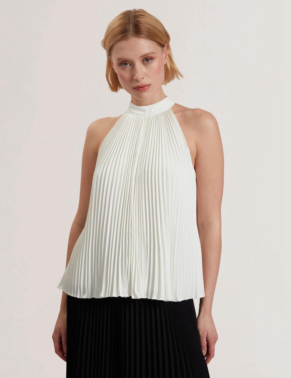 Women Ted Baker JAMAYA - High Halter Neck Pleated Sleeveless Tops Ivory | India  EOFD-83942
