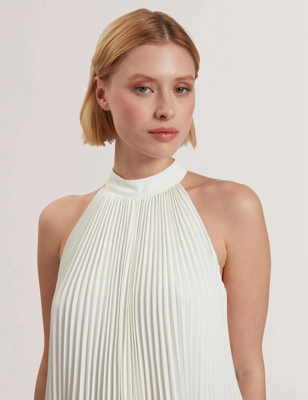 Women Ted Baker JAMAYA - High Halter Neck Pleated Sleeveless Tops Ivory | India  EOFD-83942