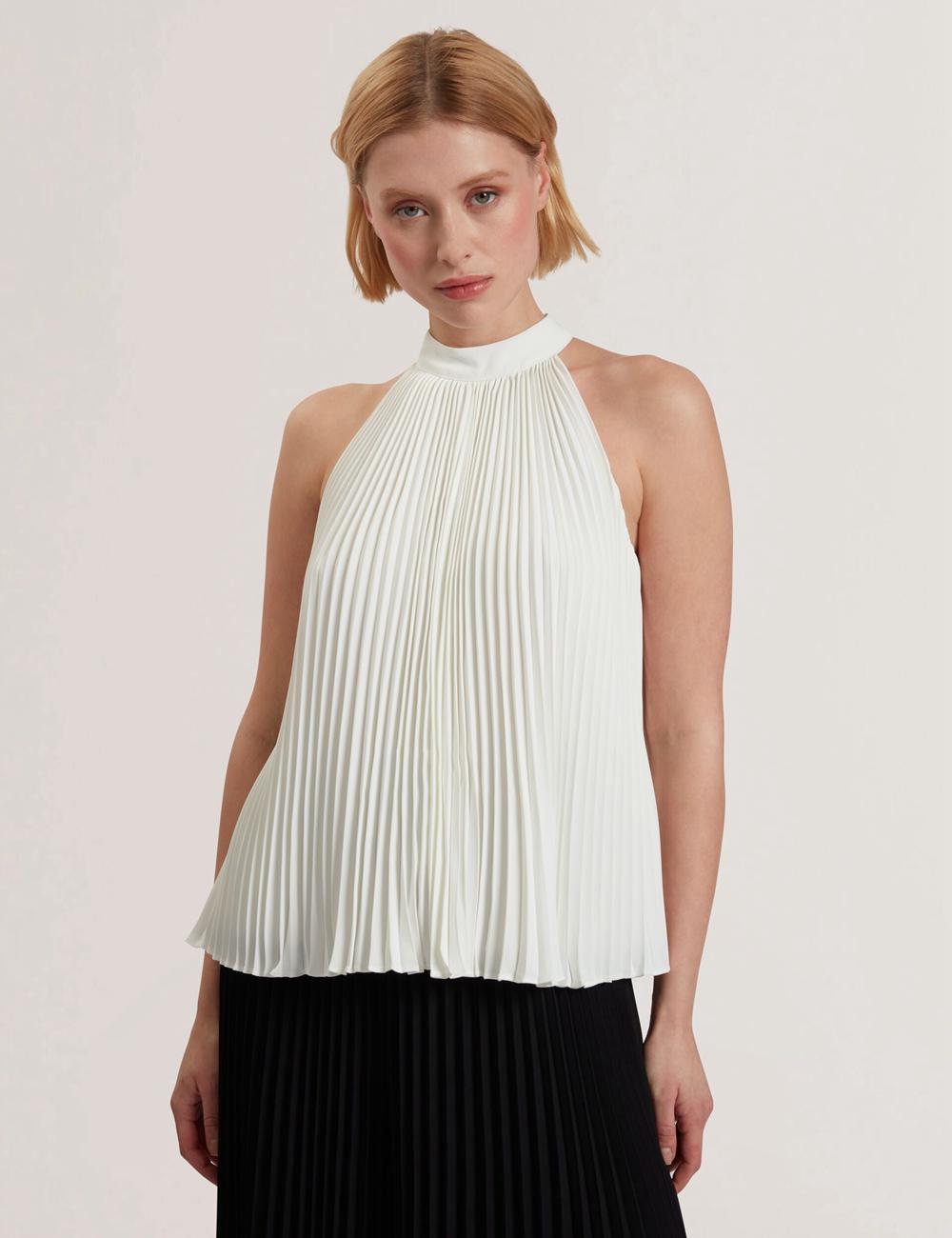 Women Ted Baker JAMAYA - High Halter Neck Pleated Sleeveless Tops Ivory | India  EOFD-83942