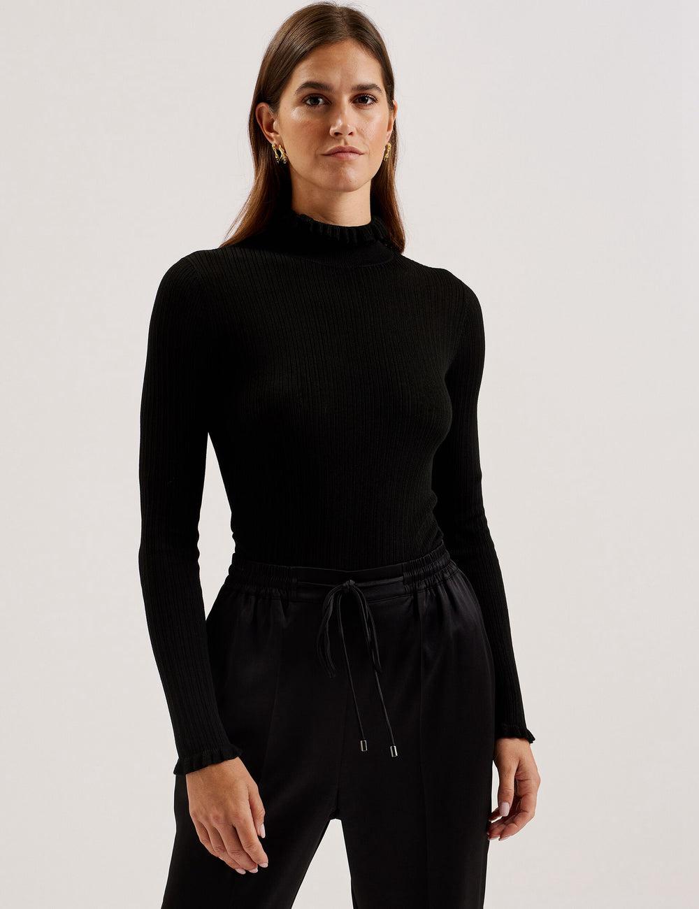 Women Ted Baker JANITTT - Ruffle Trim High Neck Ribbed Jumpers Black | India  PHIN-98671
