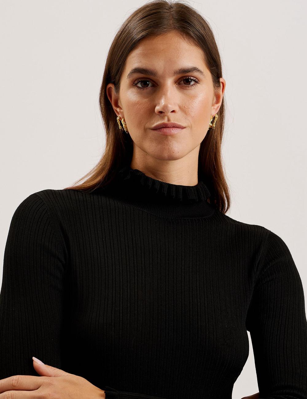 Women Ted Baker JANITTT - Ruffle Trim High Neck Ribbed Jumpers Black | India  PHIN-98671