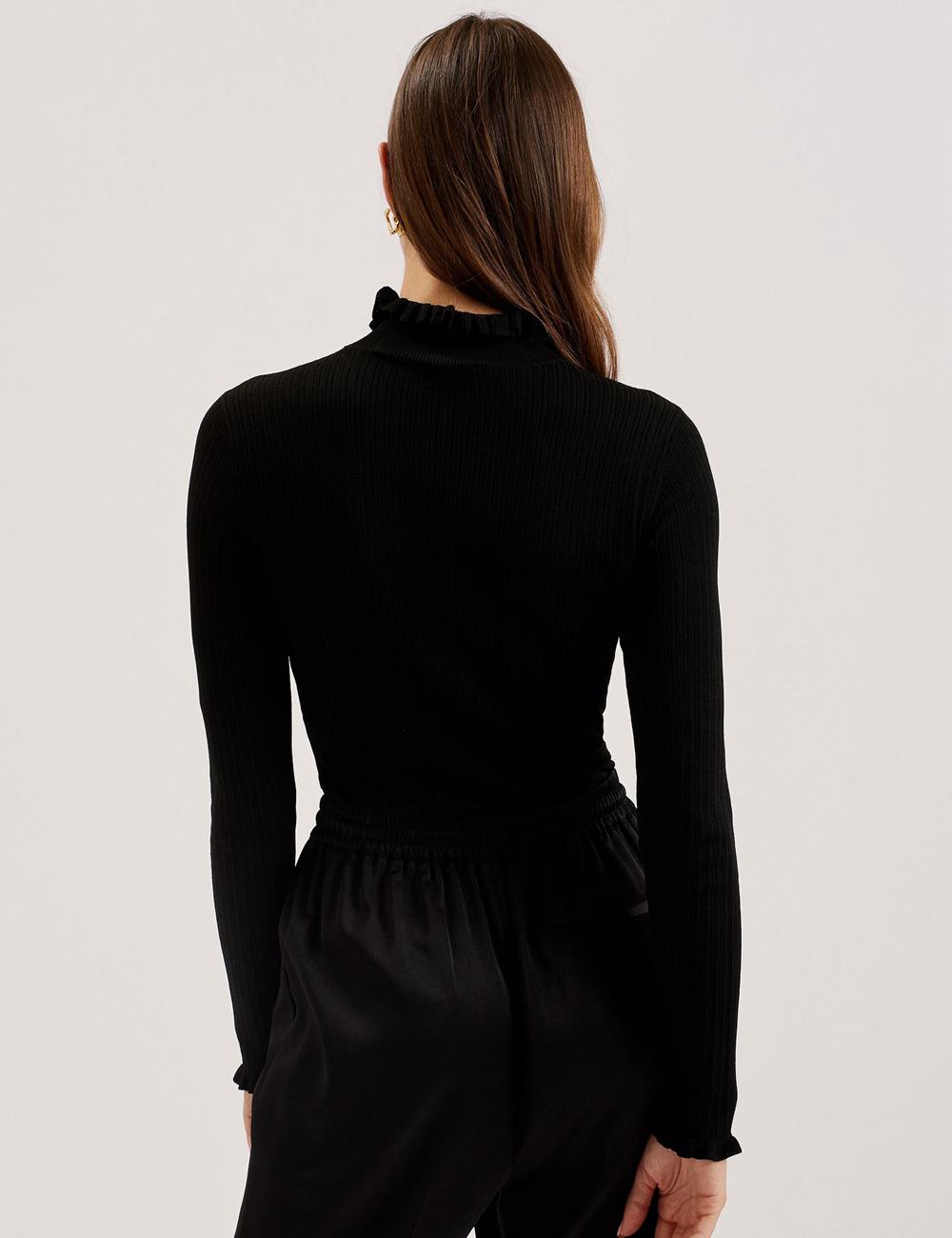 Women Ted Baker JANITTT - Ruffle Trim High Neck Ribbed Jumpers Black | India  PHIN-98671