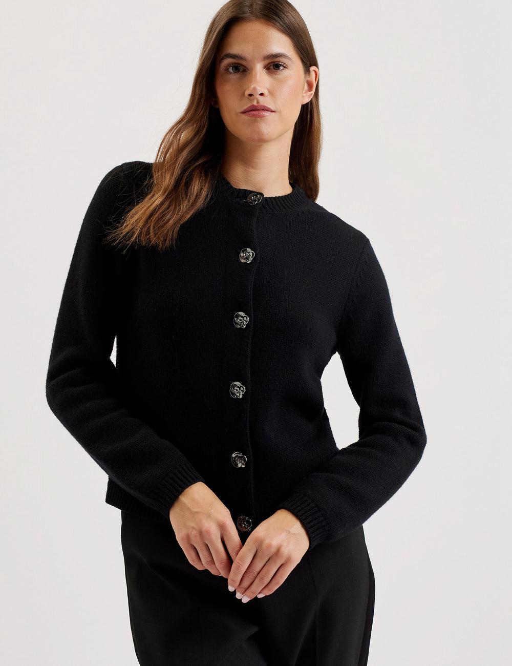 Women Ted Baker JAYCEY - Rose Button Knitted Crew Neck Cardigans Black | India  JMAI-31745