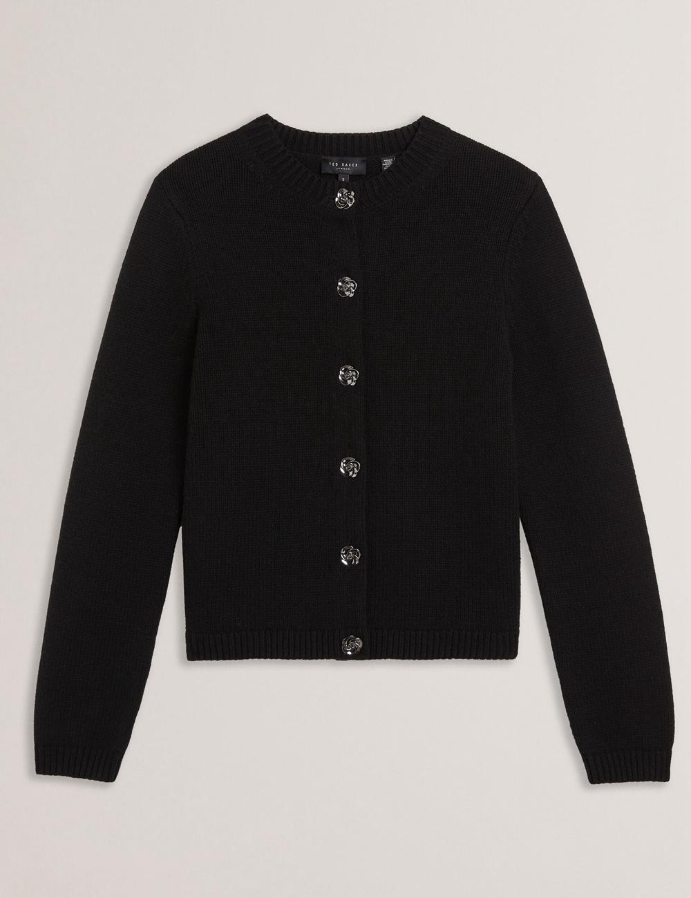 Women Ted Baker JAYCEY - Rose Button Knitted Crew Neck Cardigans Black | India  JMAI-31745