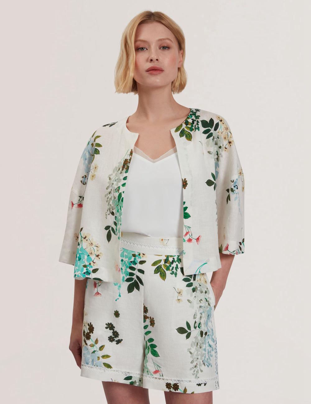 Women Ted Baker KALNA - Printed Linen Short Sleeve Cropped Shirt Tops White | India  TNLU-16820