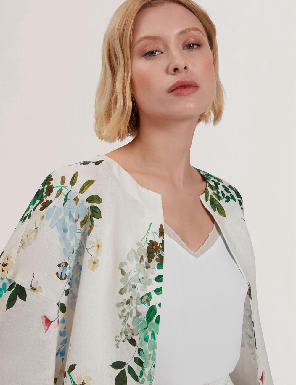 Women Ted Baker KALNA - Printed Linen Short Sleeve Cropped Shirt Tops White | India  TNLU-16820