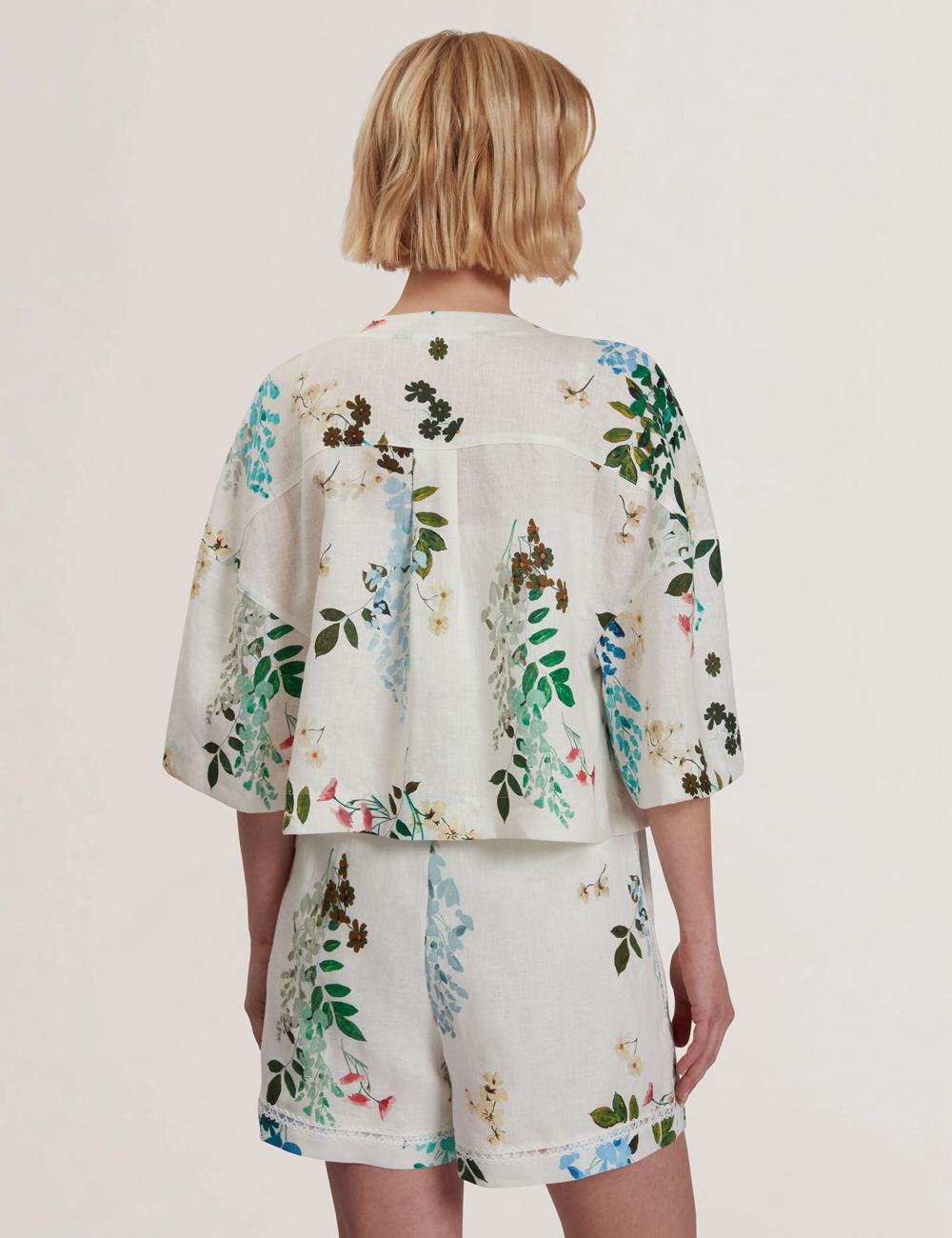 Women Ted Baker KALNA - Printed Linen Short Sleeve Cropped Shirt Tops White | India  TNLU-16820