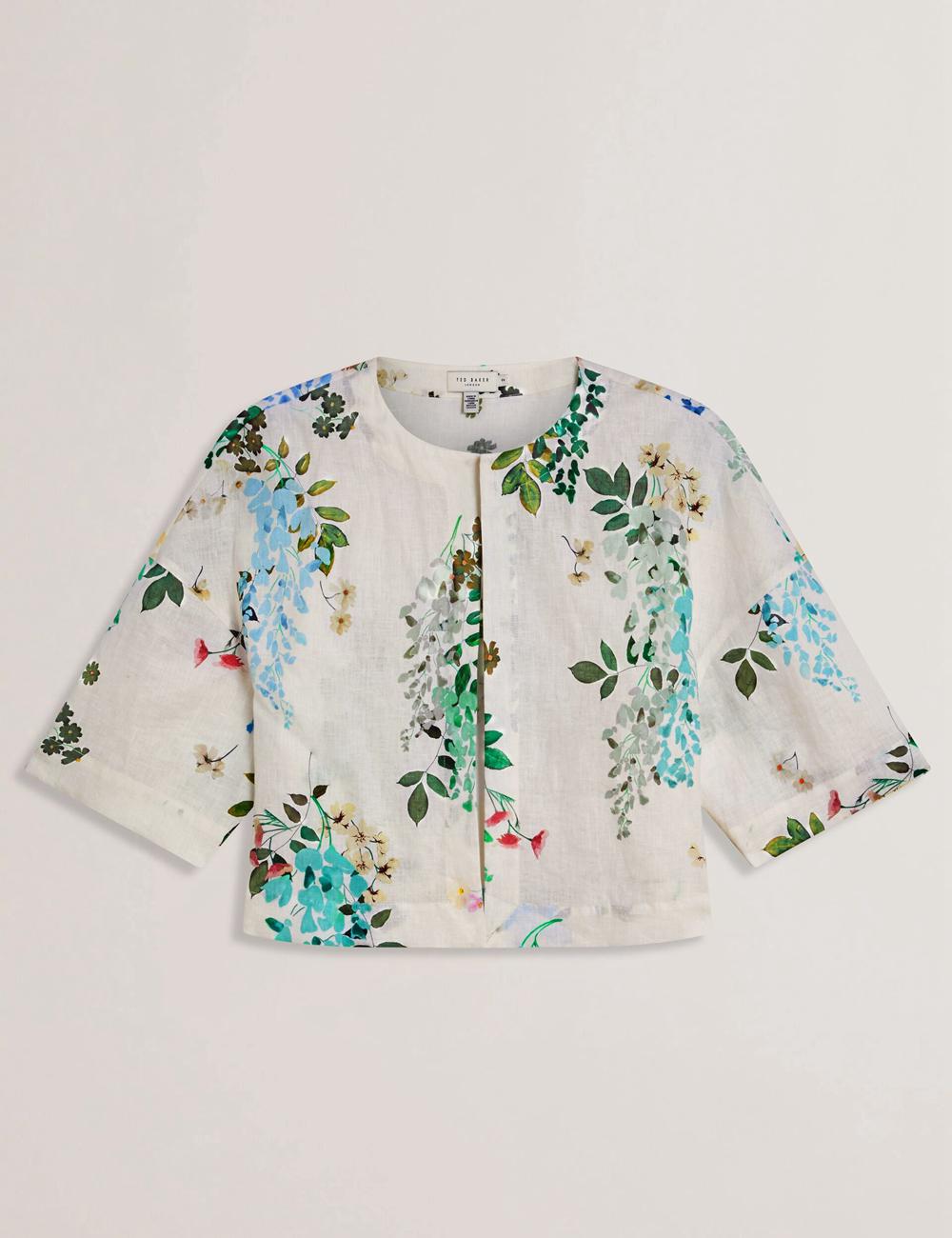 Women Ted Baker KALNA - Printed Linen Short Sleeve Cropped Shirt Tops White | India  TNLU-16820