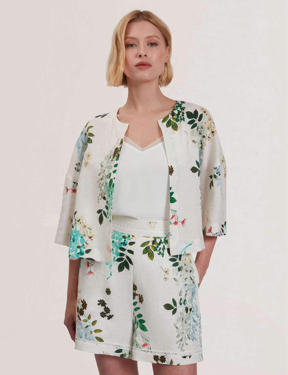 Women Ted Baker KALNA - Printed Linen Short Sleeve Cropped Shirt Tops White | India  TNLU-16820