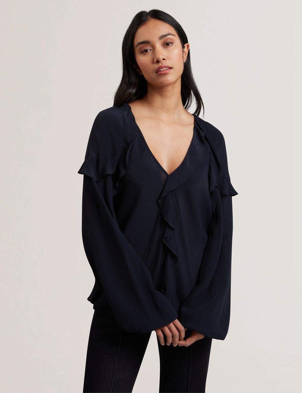 Women Ted Baker KAYFA - Waterfall Ruffle Trim Long Sleeve Blouses Navy | India  KBID-97480
