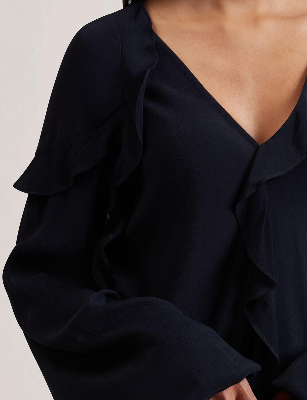 Women Ted Baker KAYFA - Waterfall Ruffle Trim Long Sleeve Blouses Navy | India  KBID-97480
