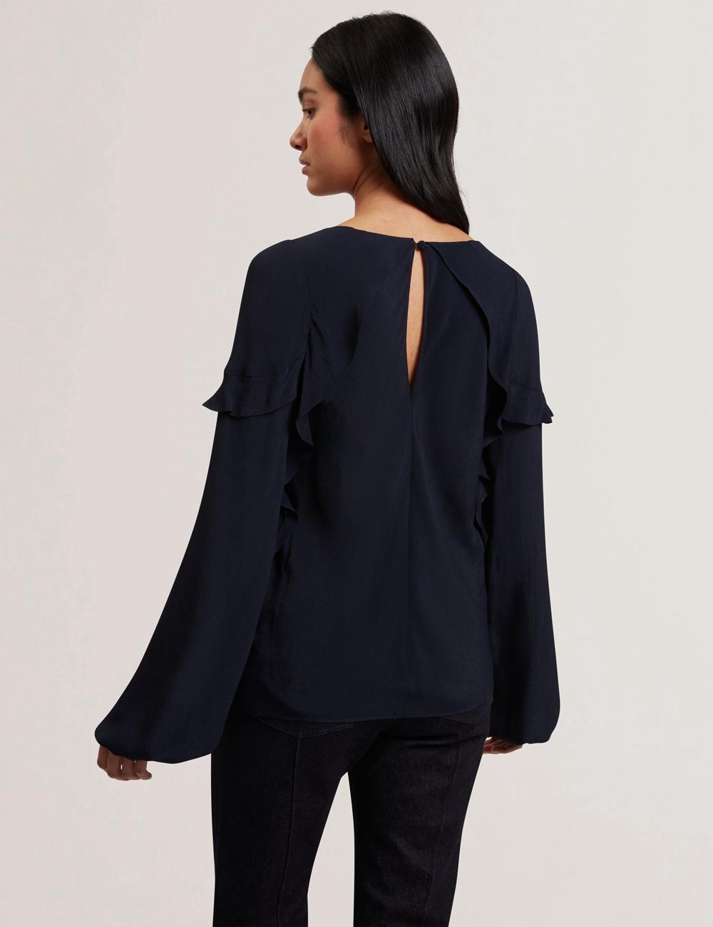 Women Ted Baker KAYFA - Waterfall Ruffle Trim Long Sleeve Blouses Navy | India  KBID-97480