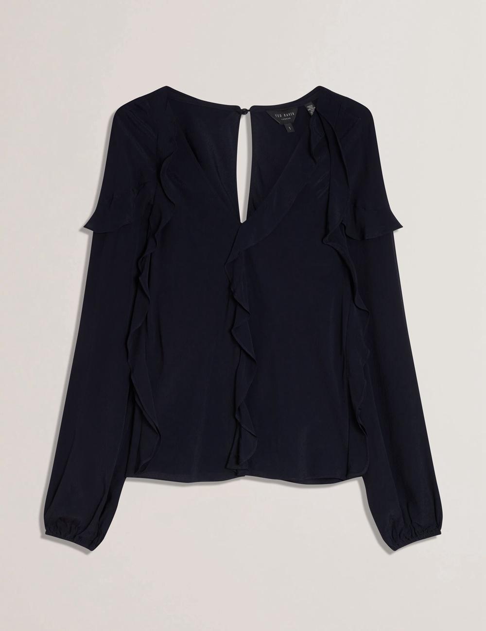 Women Ted Baker KAYFA - Waterfall Ruffle Trim Long Sleeve Blouses Navy | India  KBID-97480