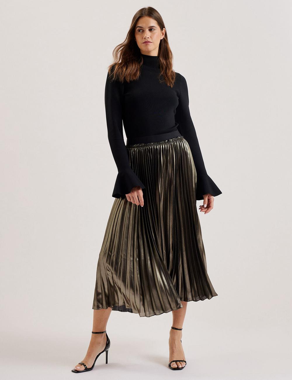 Women Ted Baker KESE - Metallic Pleated A-Line Midi Skirts Gold | India  TUSY-72854