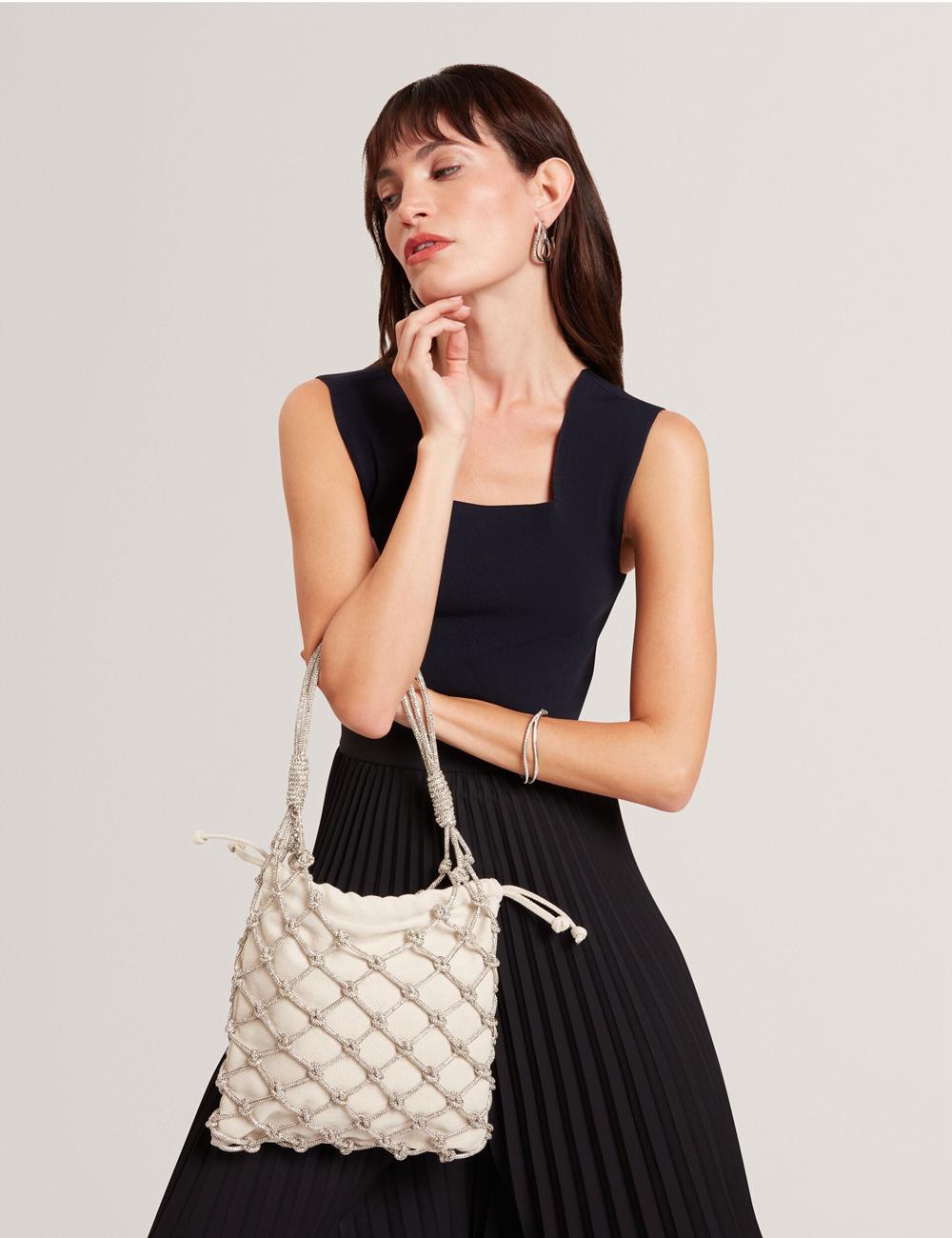 Women Ted Baker KYLISA - Crystal Cage Top Handle Canvas Bucket Bags Silver | India  LGQH-06495