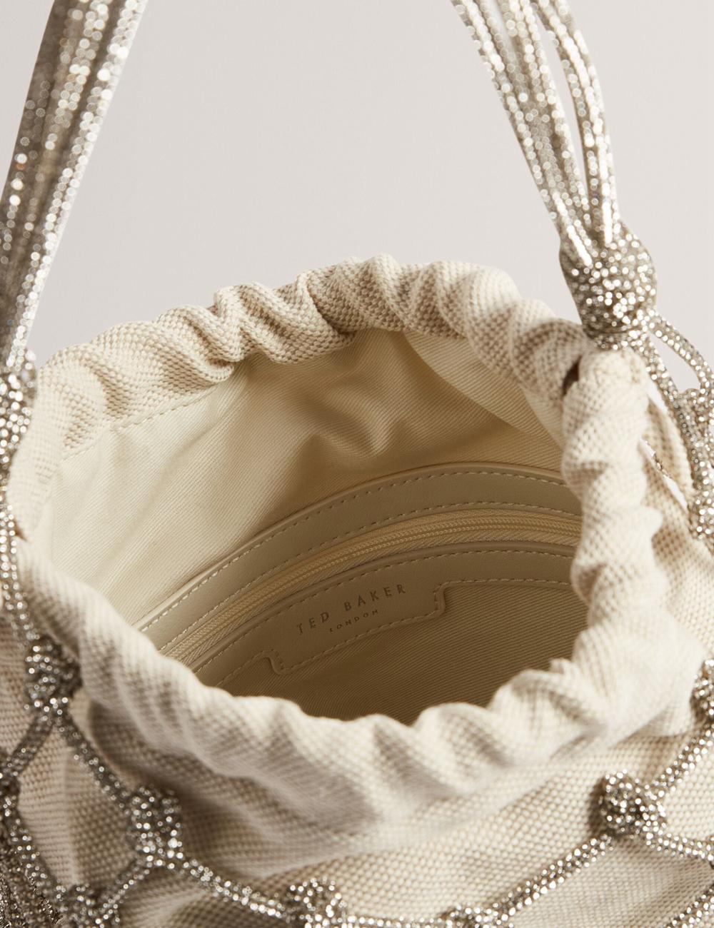 Women Ted Baker KYLISA - Crystal Cage Top Handle Canvas Bucket Bags Silver | India  LGQH-06495