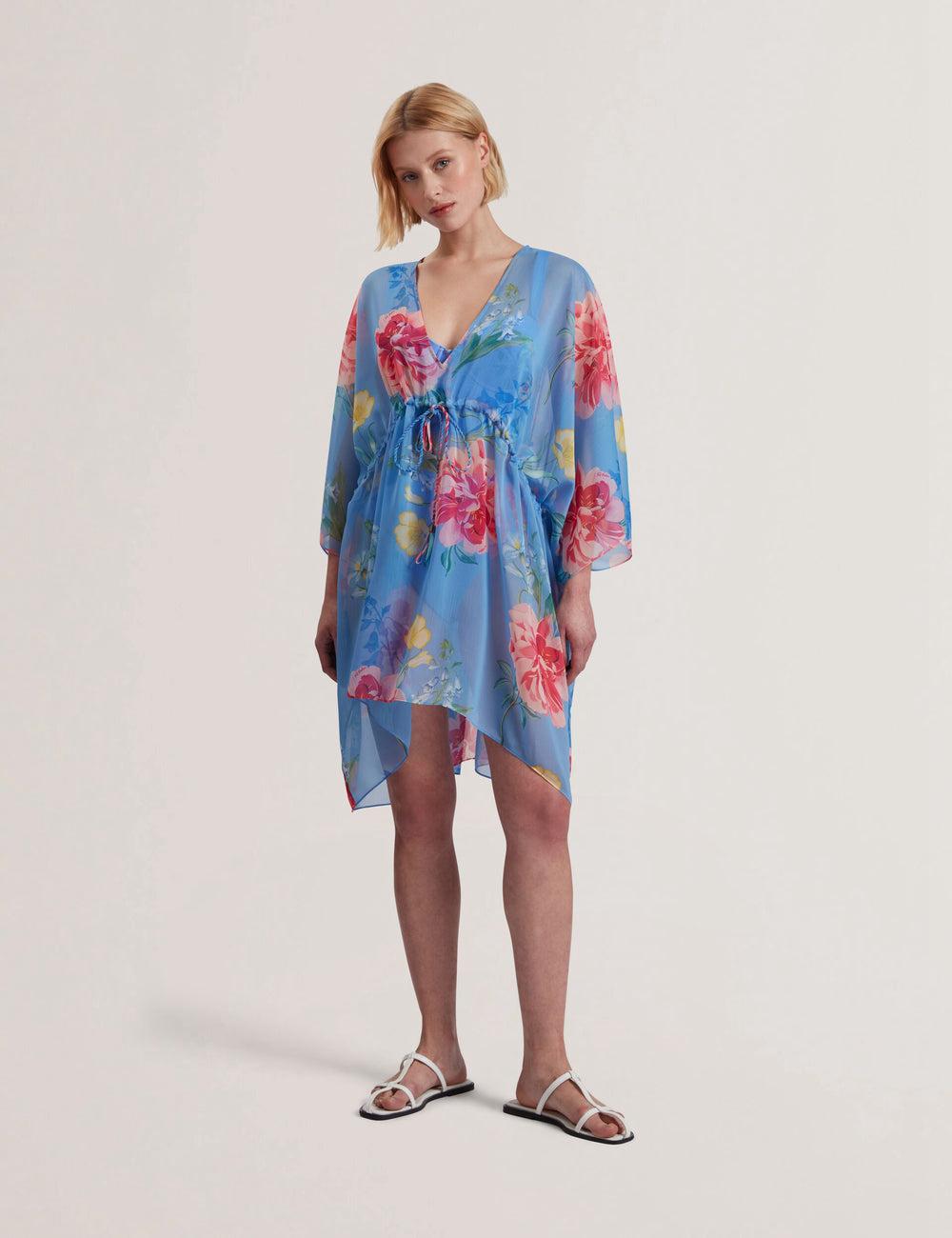 Women Ted Baker LARJA - Floral Print Chiffon Mini Beach Kaftan Cover Ups Blue | India  VROU-76580