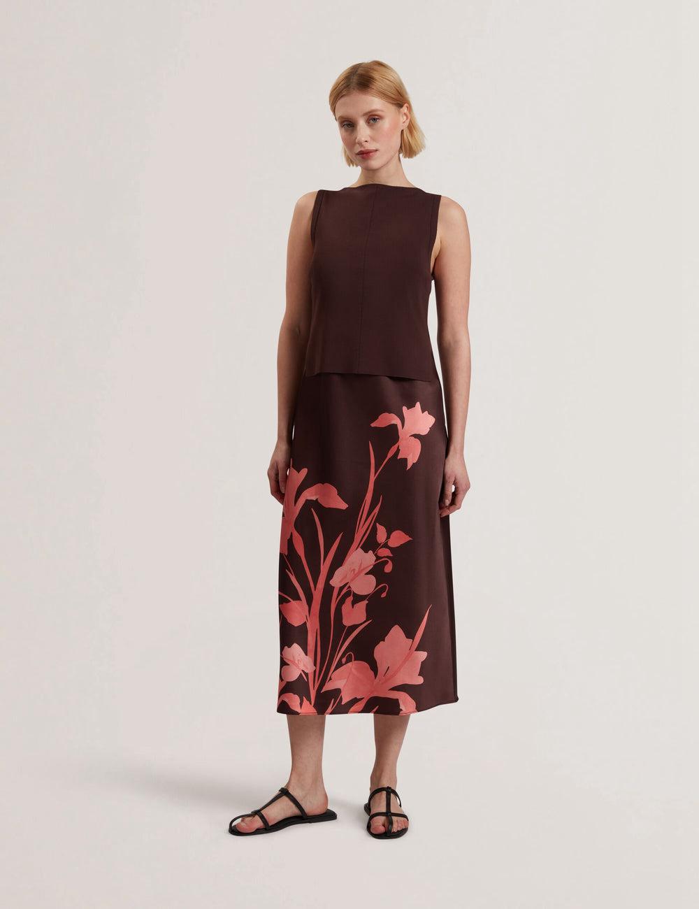 Women Ted Baker LATTENA - Printed Satin With Removable Tank Midi Dresses Dk-Brown | India  SZYU-92370