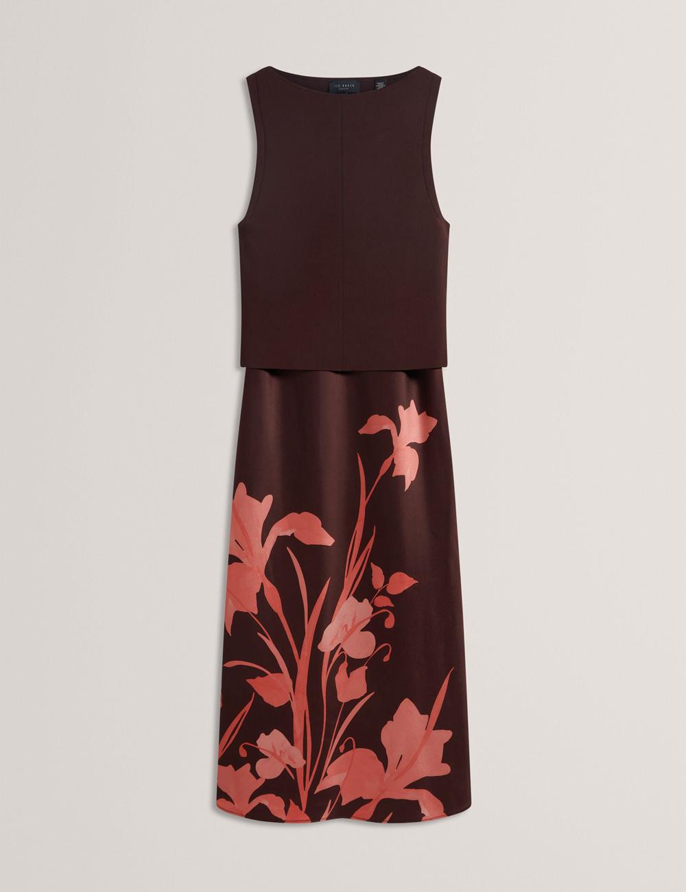 Women Ted Baker LATTENA - Printed Satin With Removable Tank Midi Dresses Dk-Brown | India  SZYU-92370