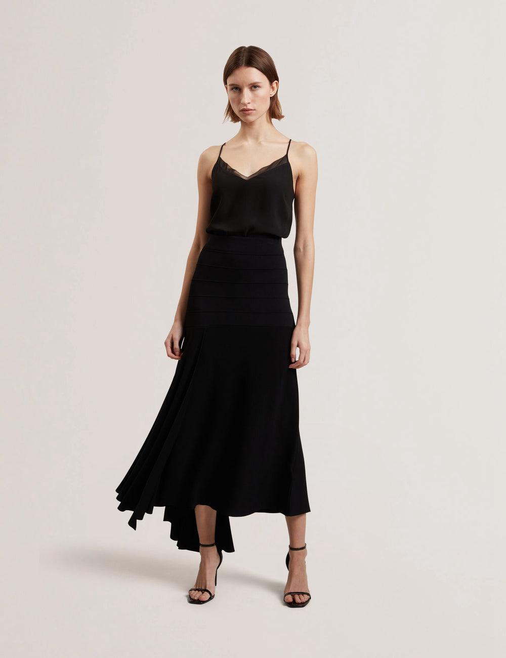 Women Ted Baker LAURRIE - Asymmetric Waterfall Hem Knitted Midi Skirts Black | India  GDSZ-13275