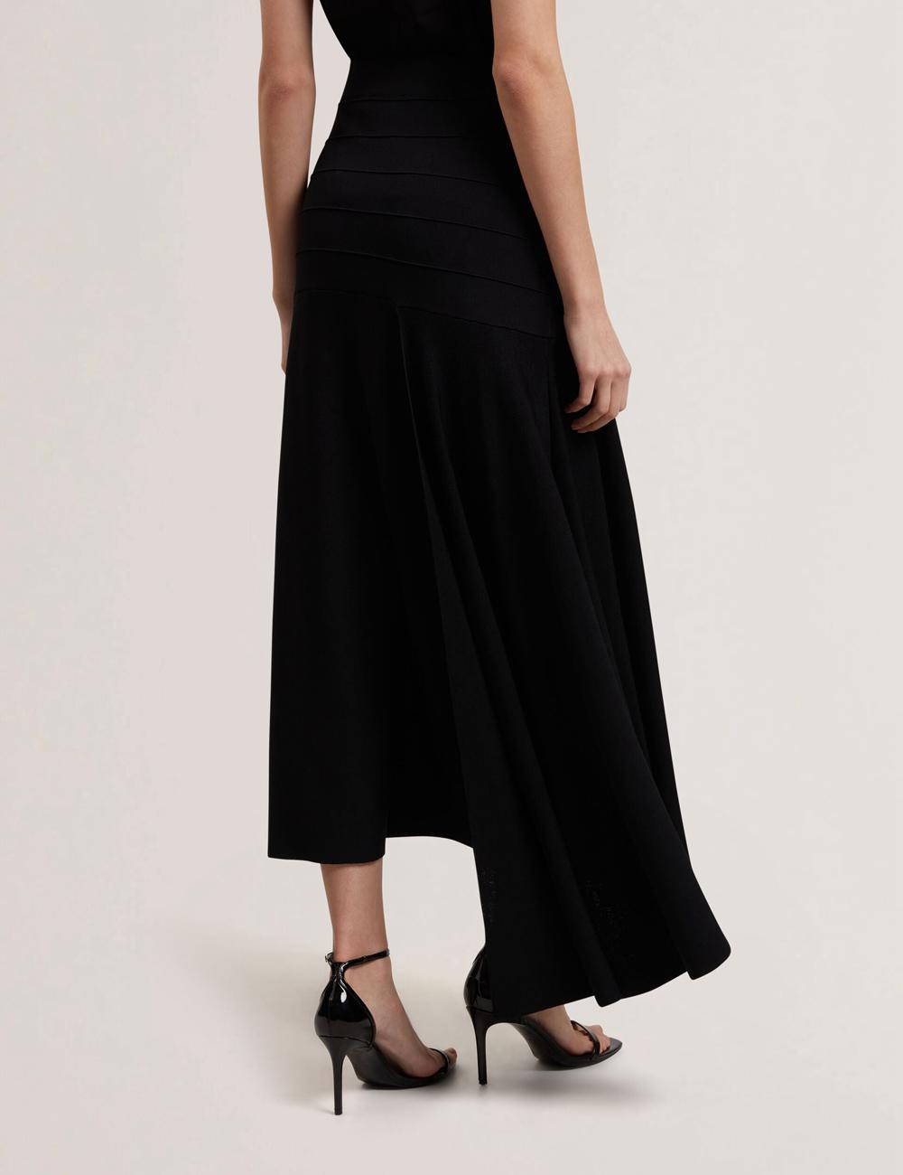 Women Ted Baker LAURRIE - Asymmetric Waterfall Hem Knitted Midi Skirts Black | India  GDSZ-13275