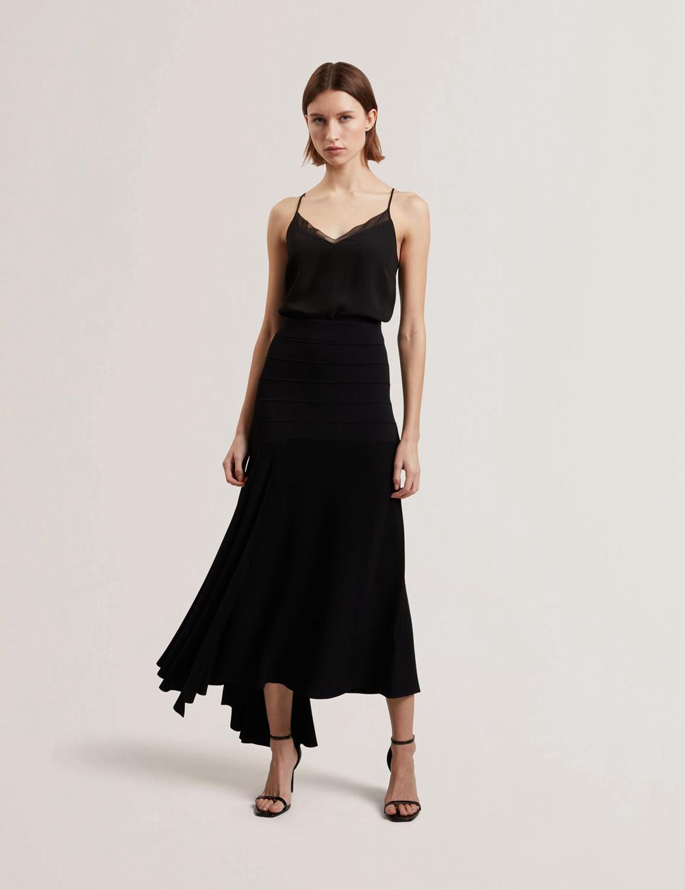 Women Ted Baker LAURRIE - Asymmetric Waterfall Hem Knitted Midi Skirts Black | India  GDSZ-13275